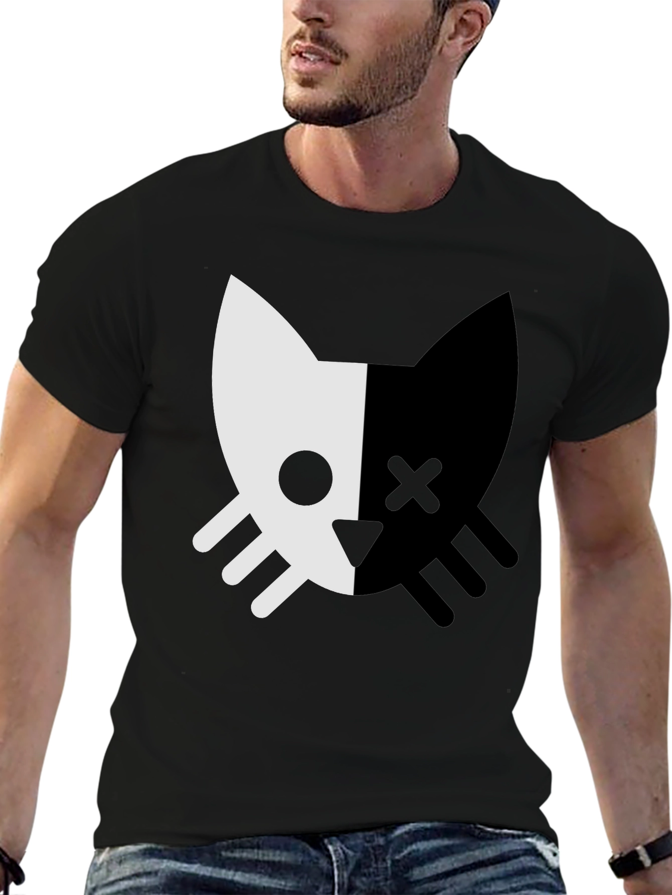 Two-Tone Cat Graphic Tee - Stylish Unisex Design