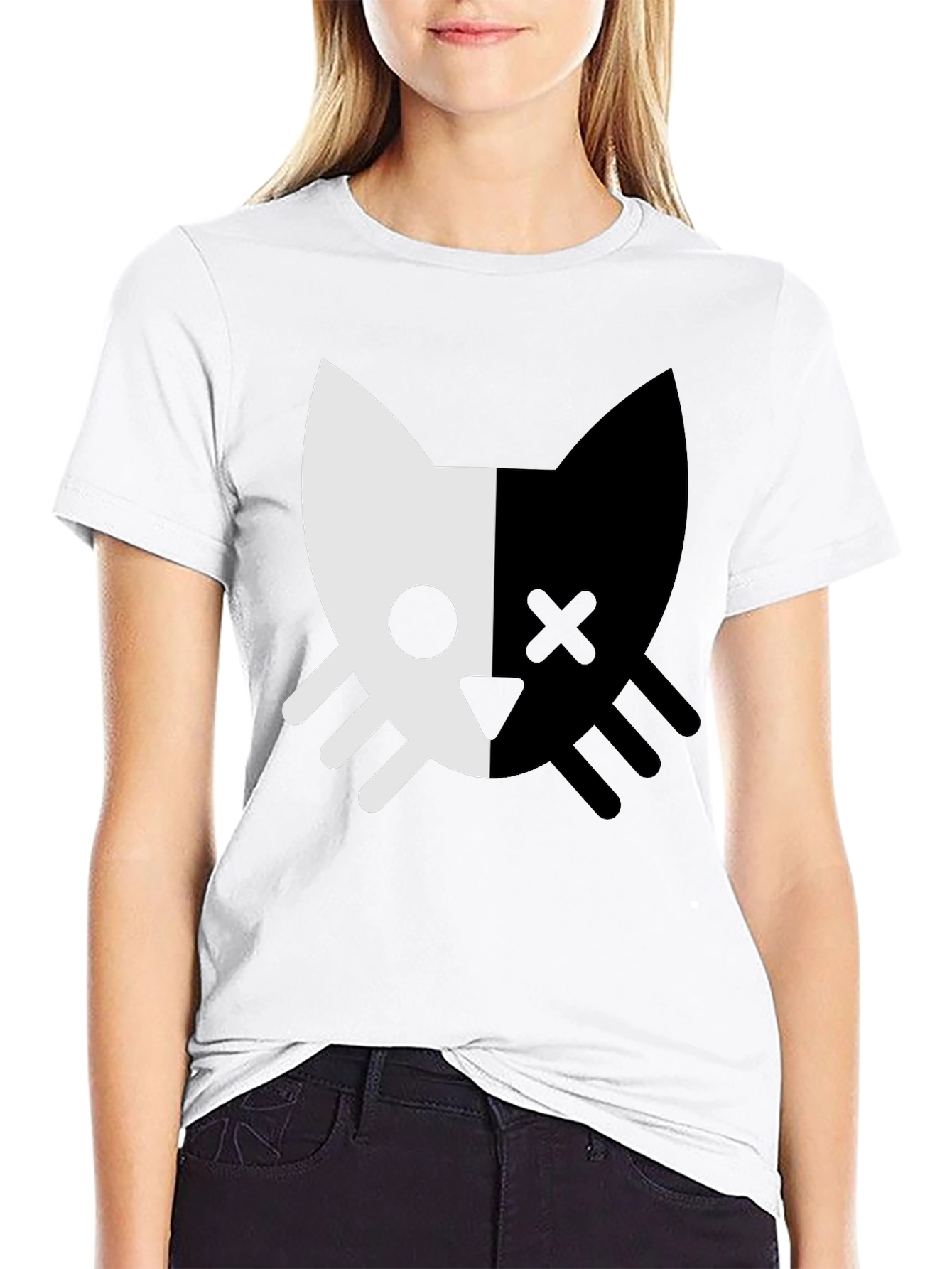 Two-Tone Cat Graphic Tee - Stylish Unisex Design