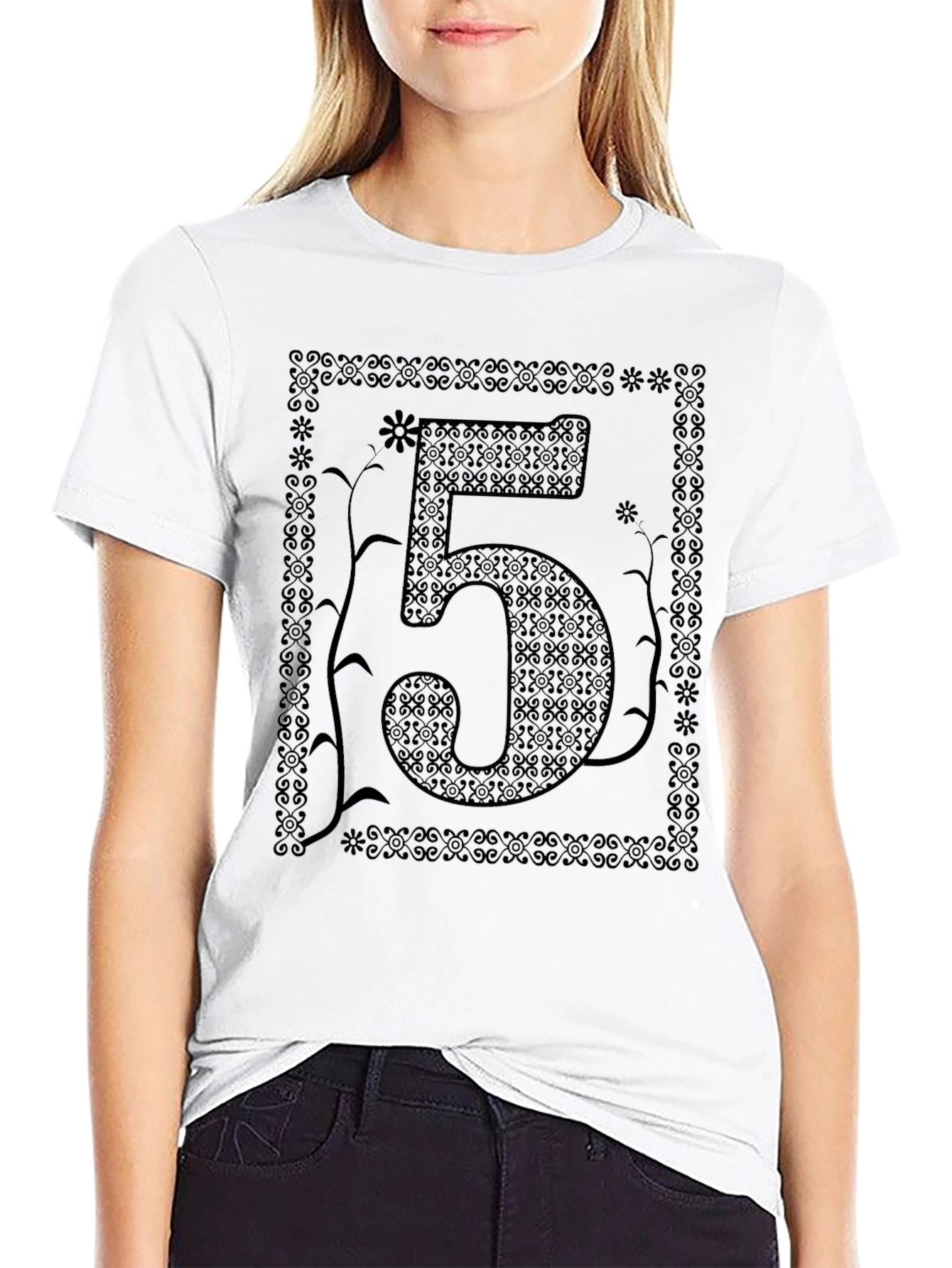 Floral Number 5 Graphic Print Black T-Shirt