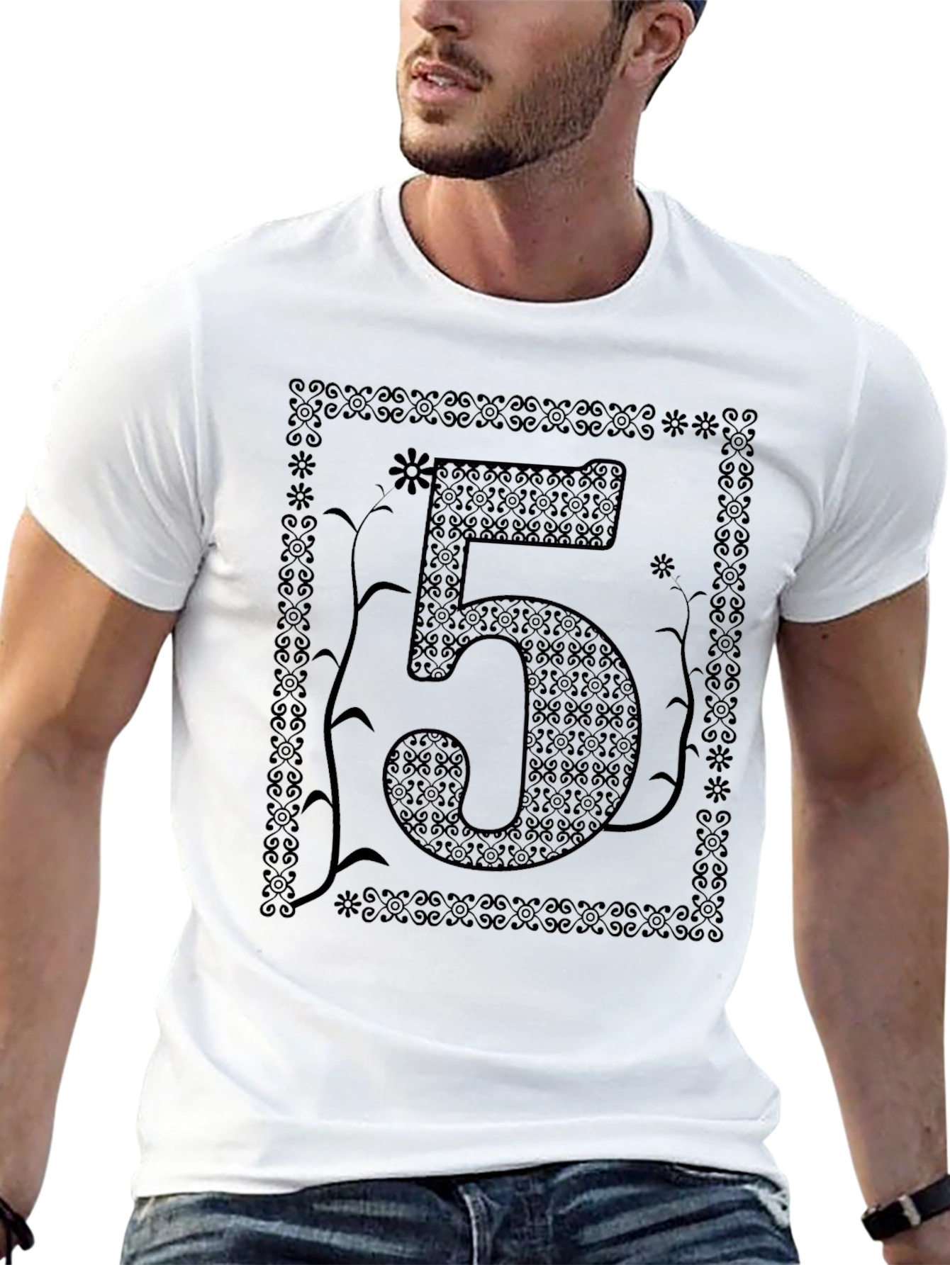 Floral Number 5 Graphic Print Black T-Shirt