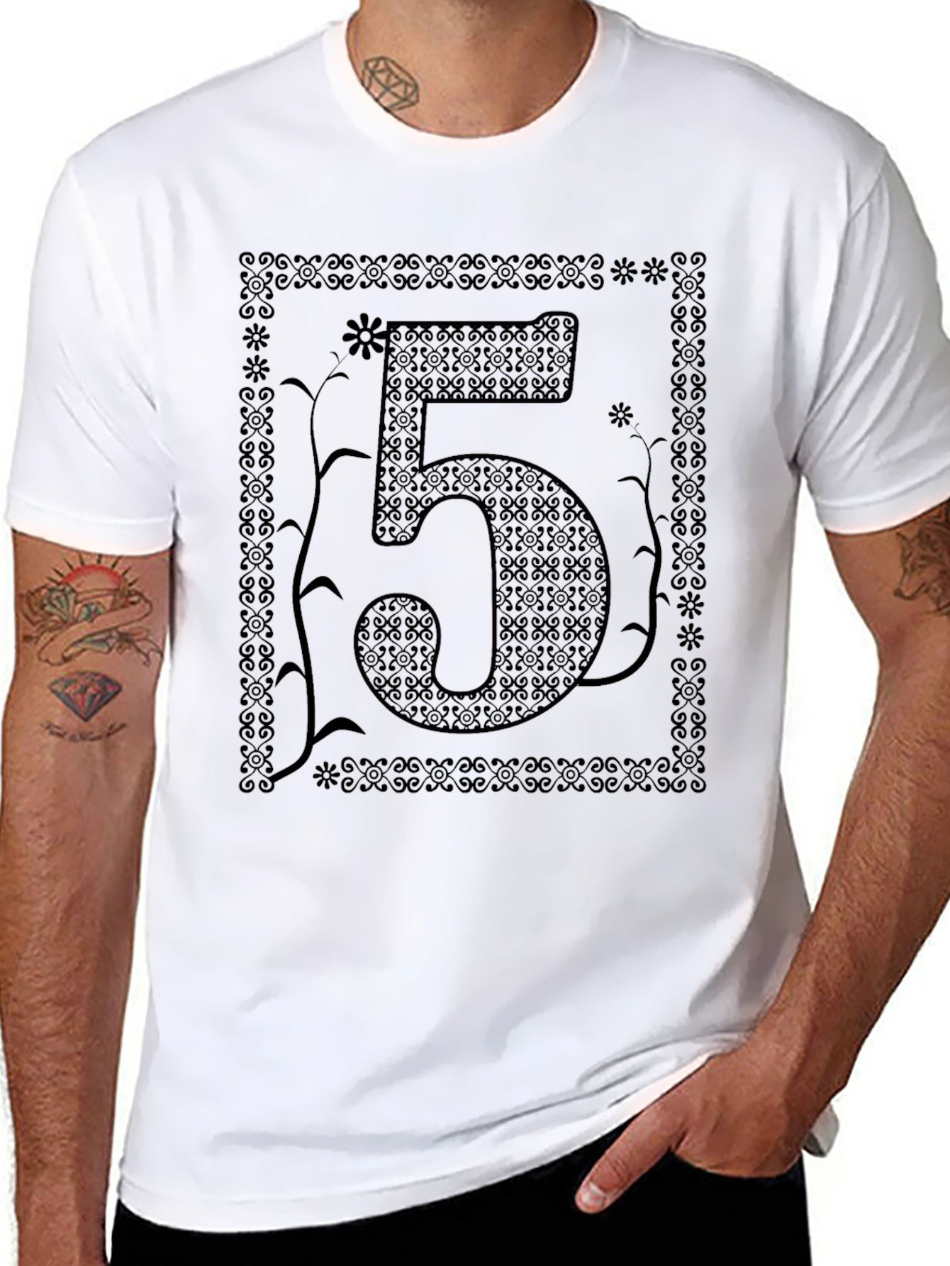 Floral Number 5 Graphic Print Black T-Shirt