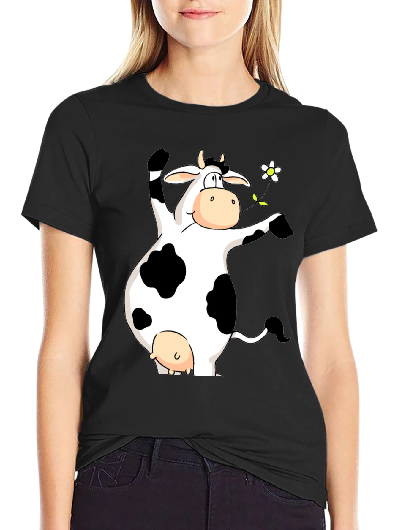 Funny Cow Graphic Print Black T-Shirt