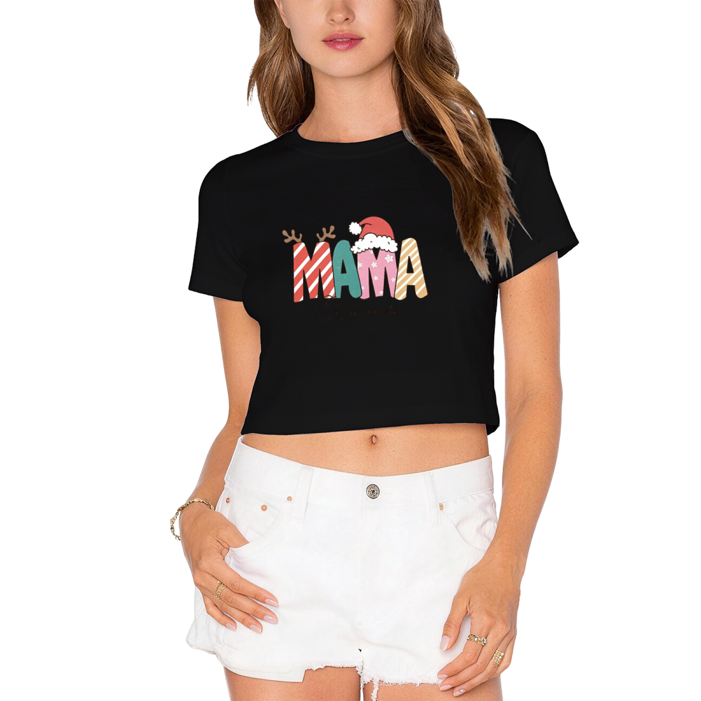 Mama Claus Retro Candy Stripe Letter Christmas Mom Crop Top