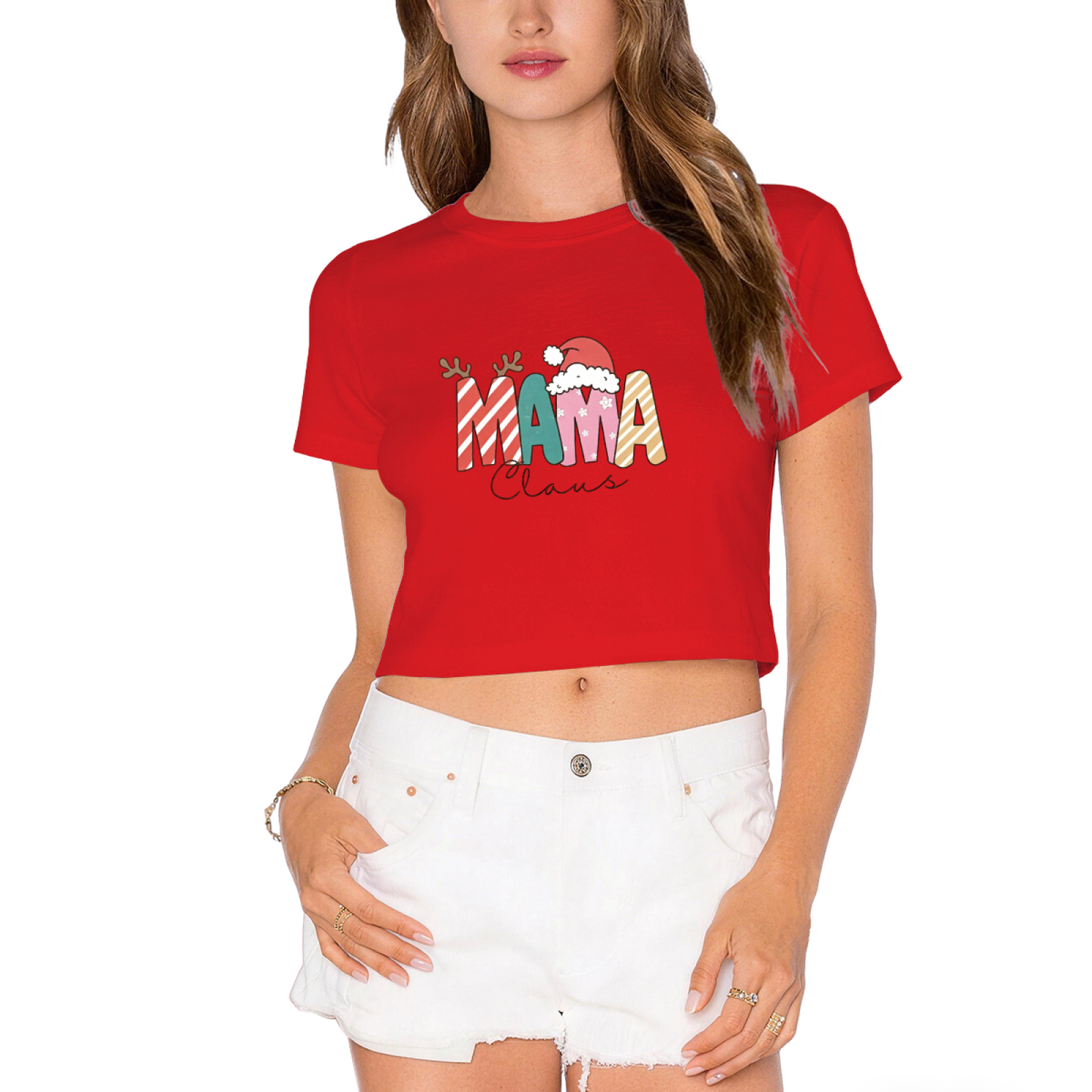 Mama Claus Retro Candy Stripe Letter Christmas Mom Crop Top