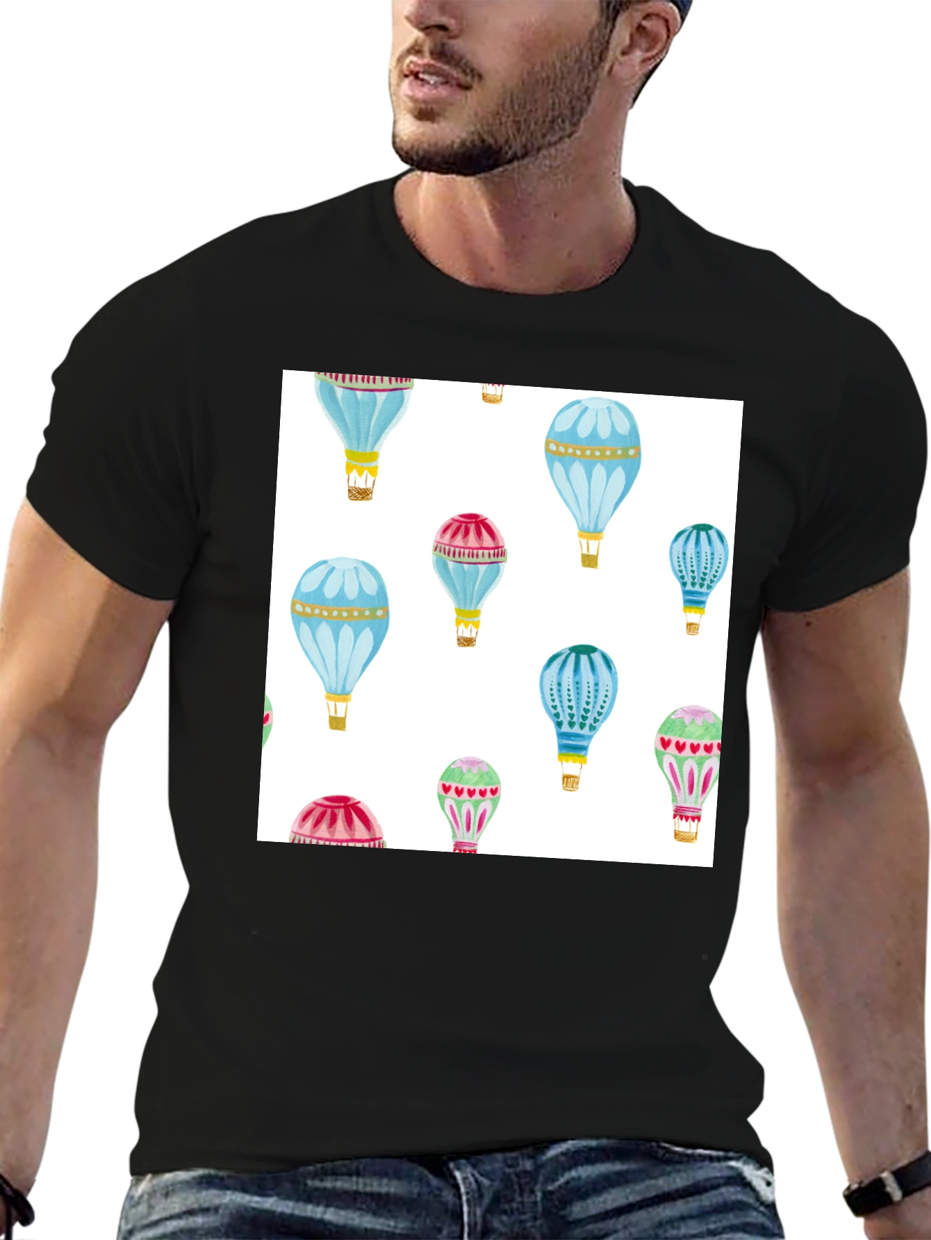 Hot Air Balloon Print Black T-Shirt