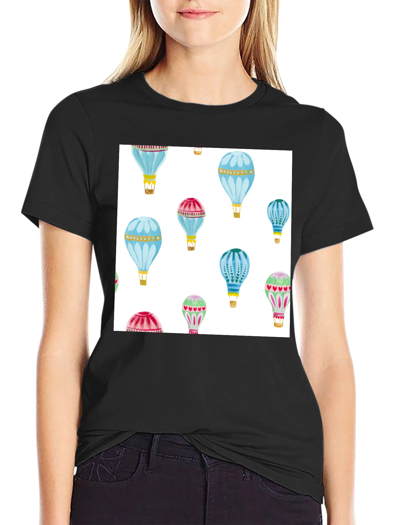 Hot Air Balloon Print Black T-Shirt