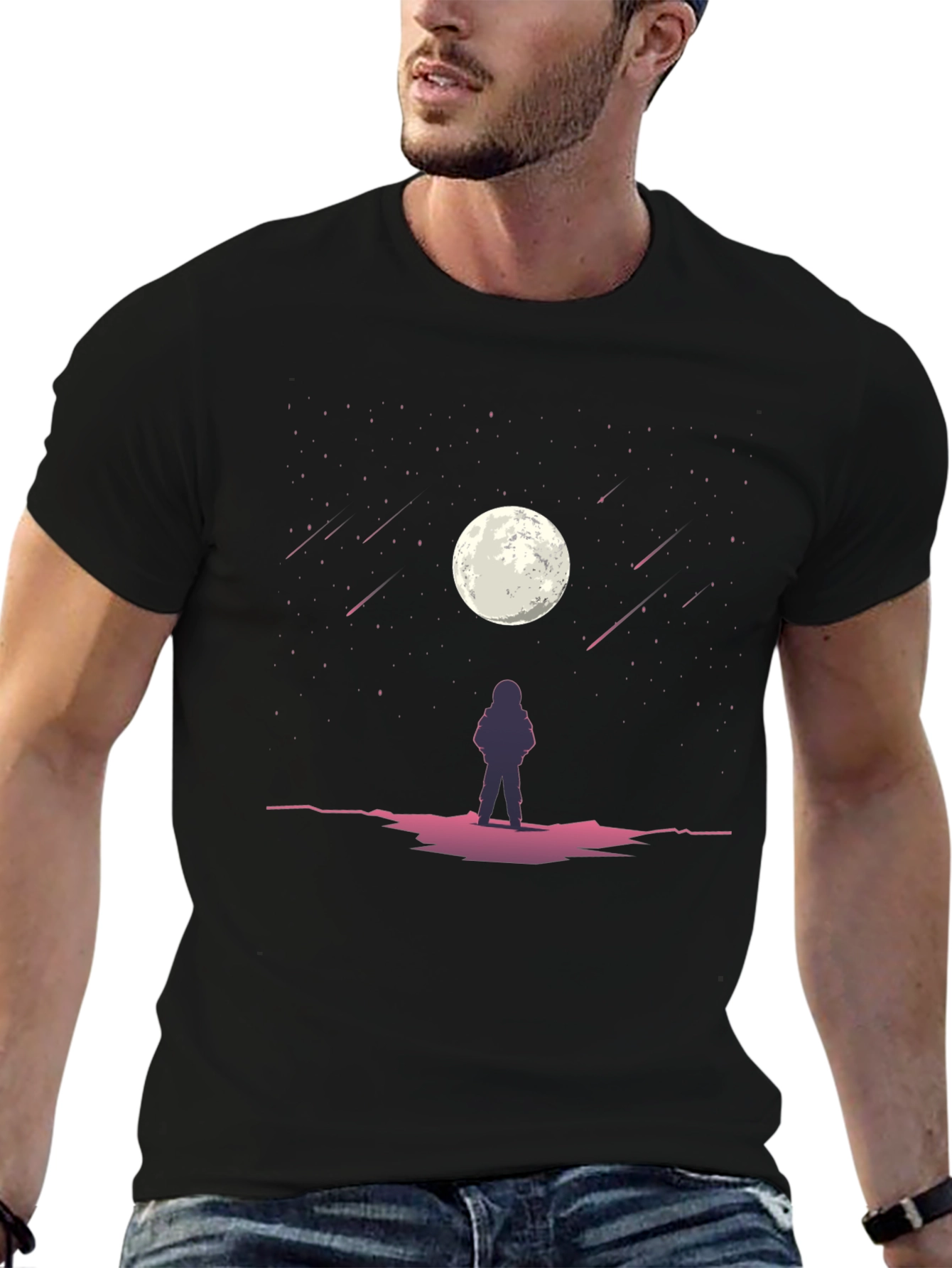 Astronaut Moon Gazing Black Graphic Tee