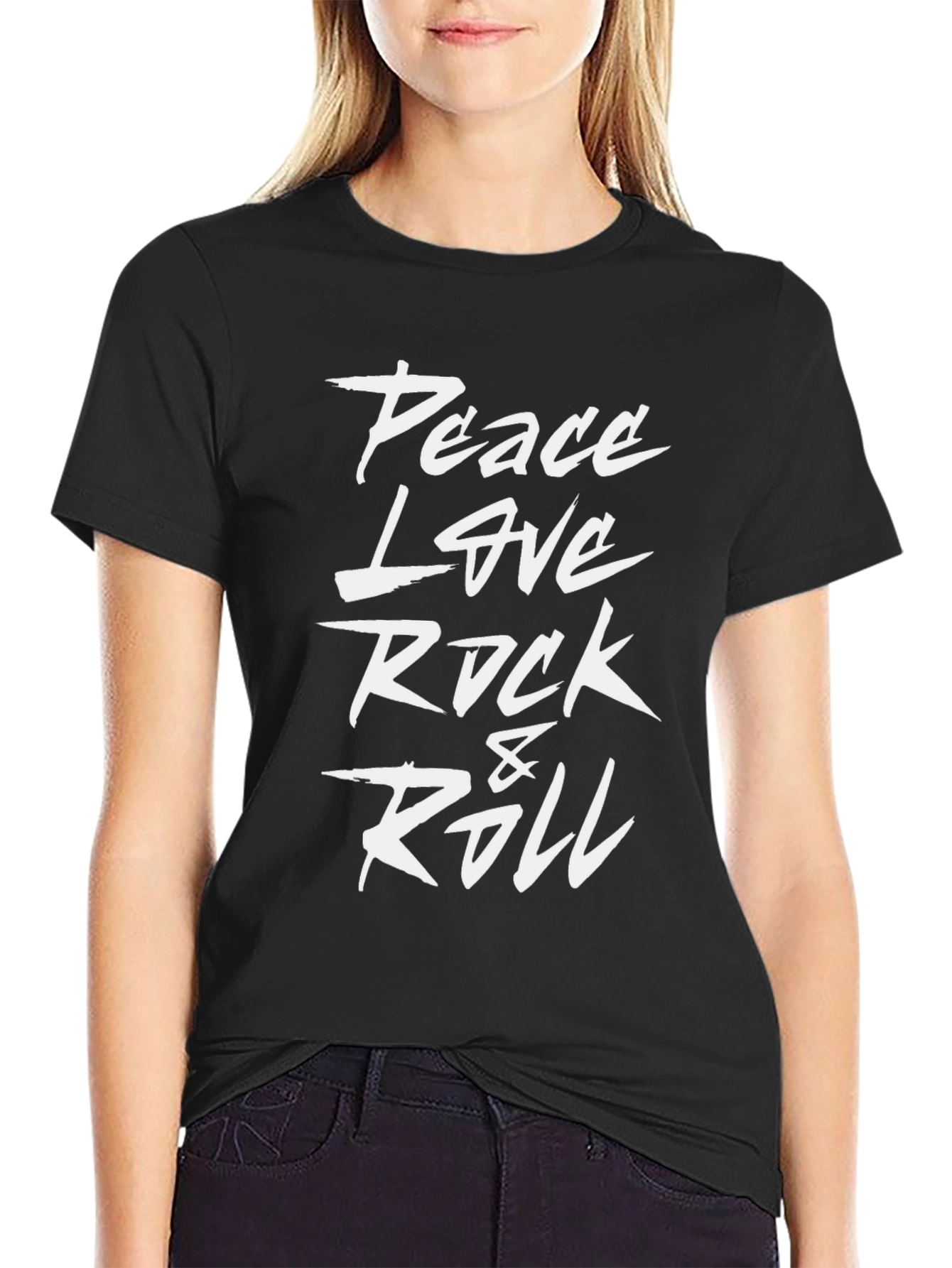 Peace Love Rock & Roll Black Graphic T-Shirt