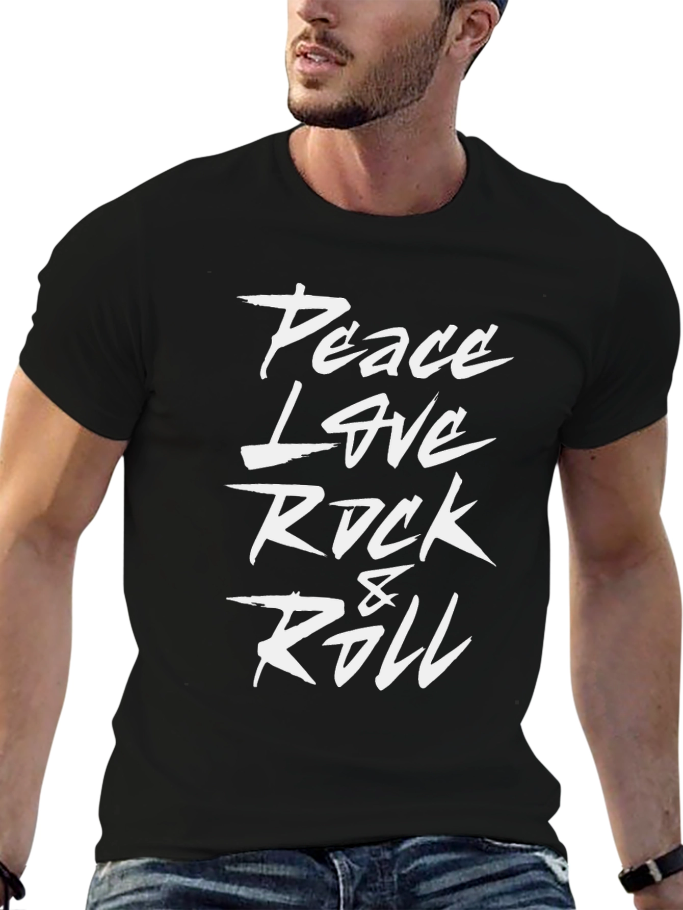 Peace Love Rock & Roll Black Graphic T-Shirt