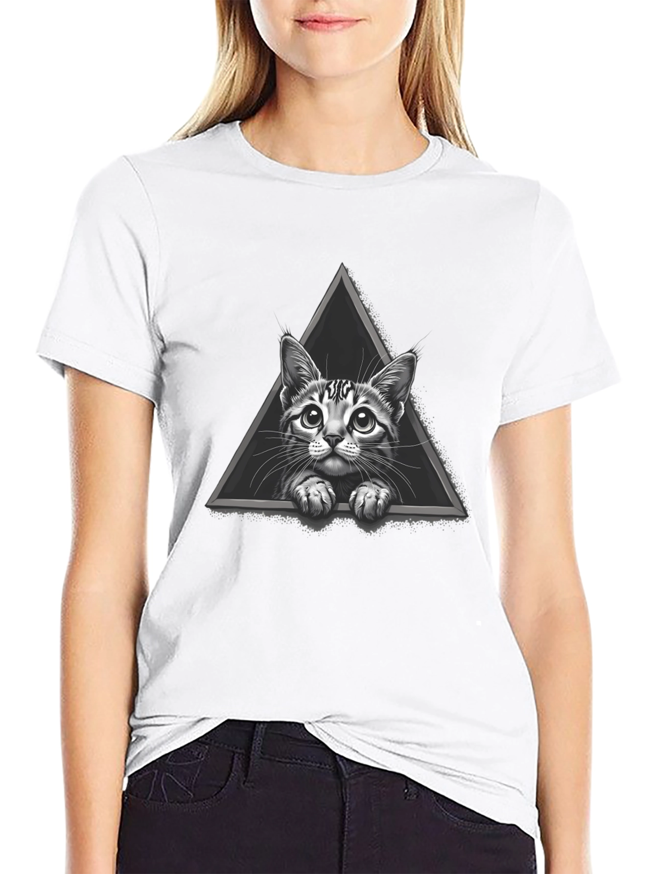 Cat Triangle Graphic Tee - Black Cotton T-Shirt