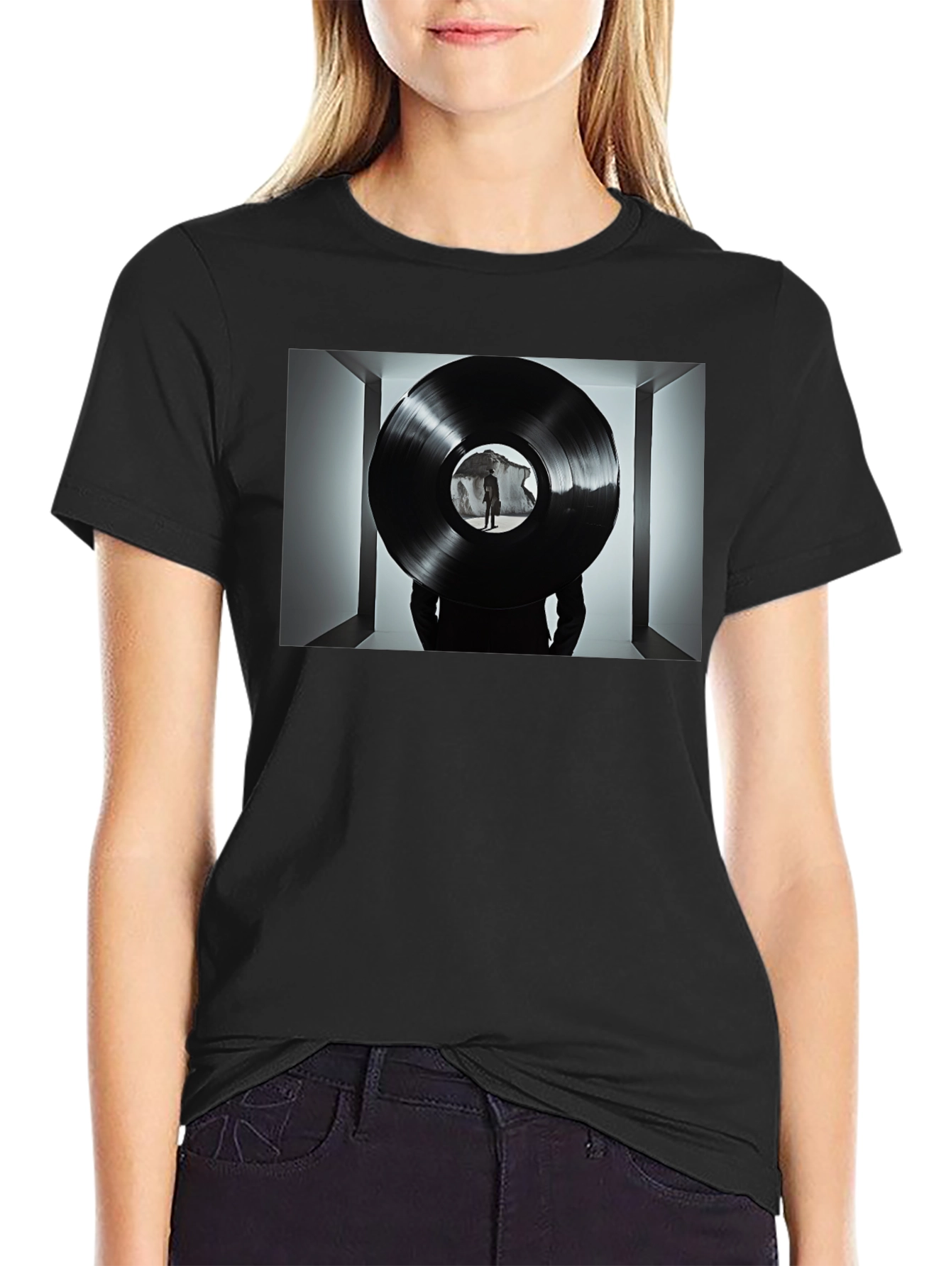 Abstract Record Print Black Tee