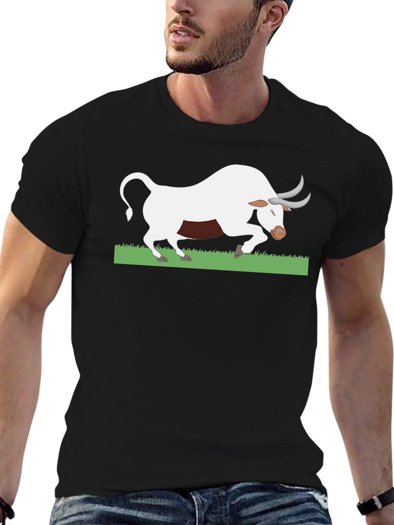 Black T-Shirt with White Bull Design
