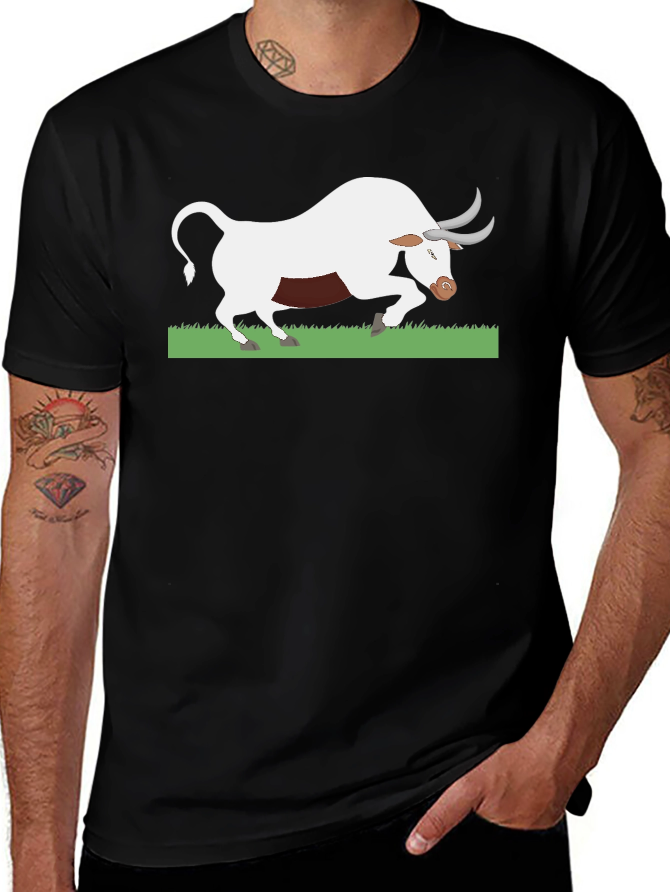 Black T-Shirt with White Bull Design