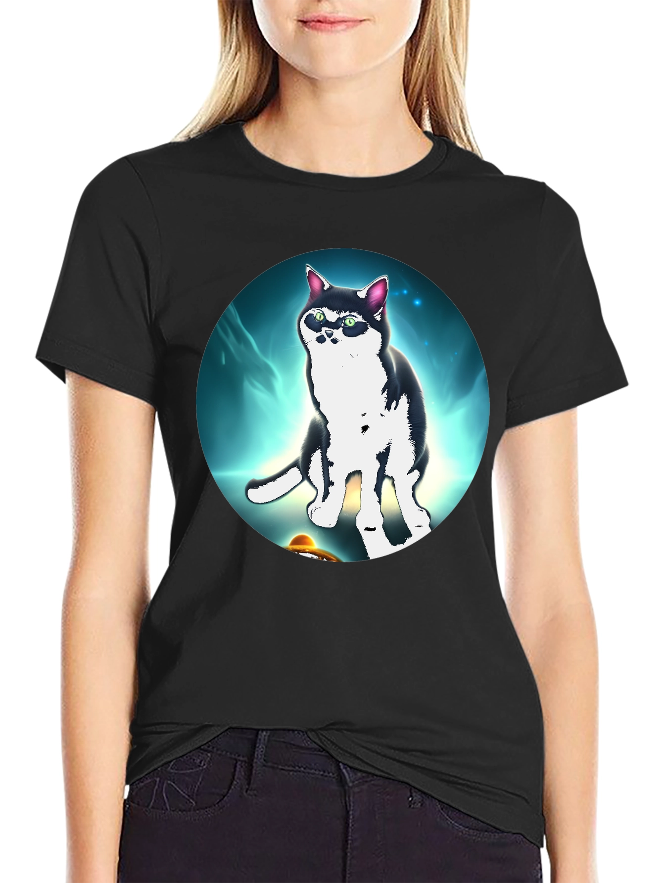 Cool Cat UFO Graphic Black T-Shirt