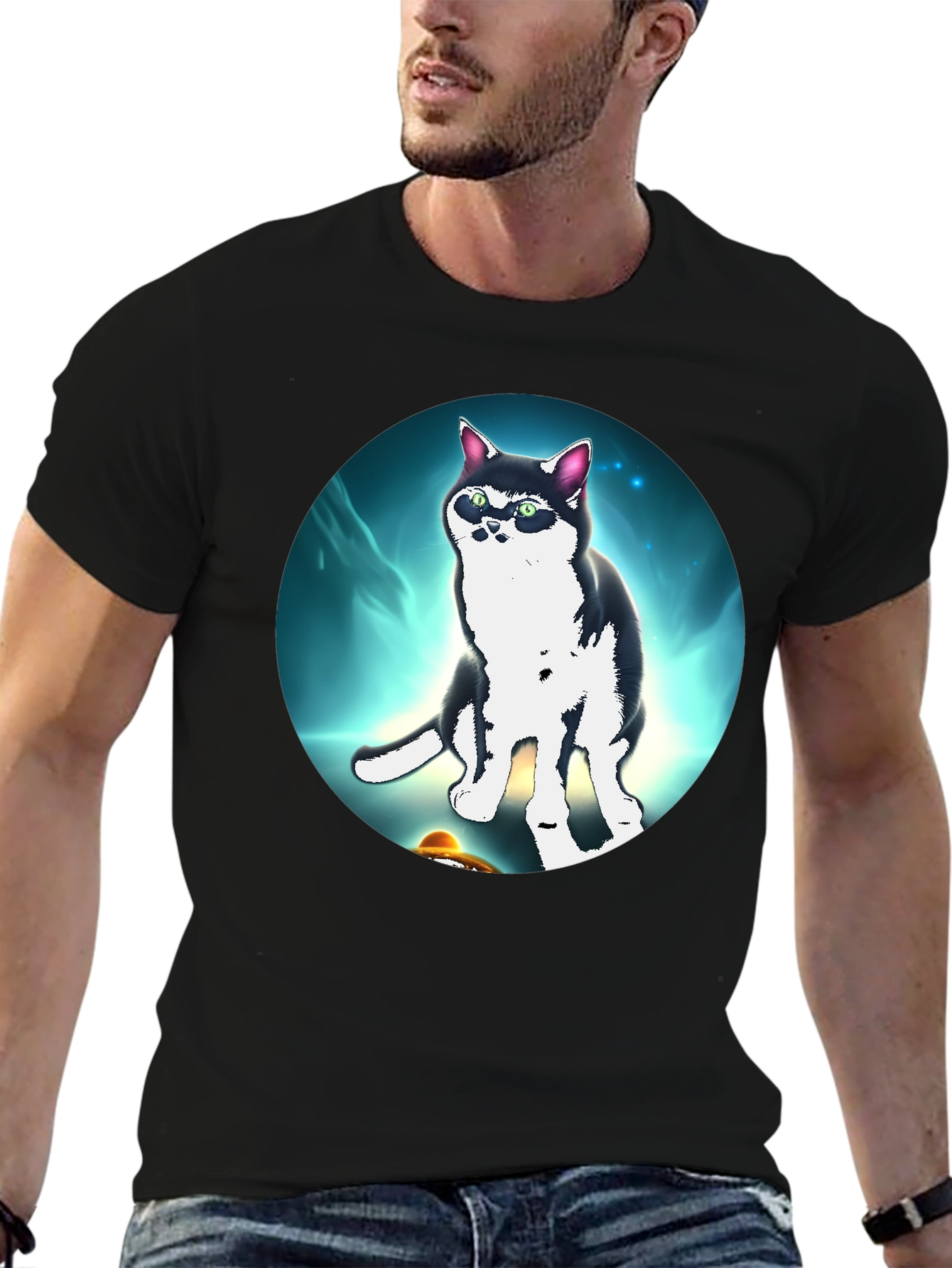 Cool Cat UFO Graphic Black T-Shirt