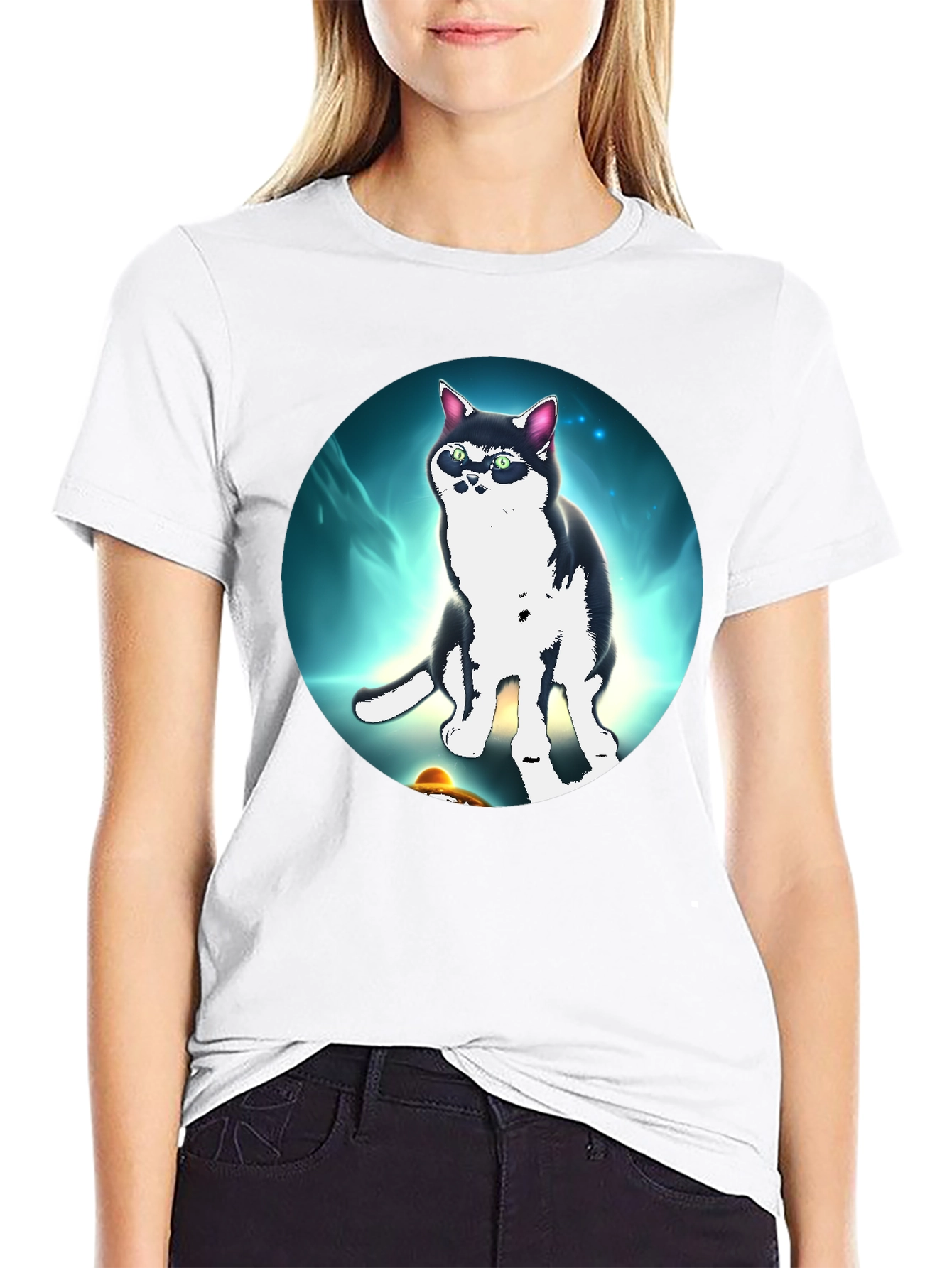 Cool Cat UFO Graphic Black T-Shirt