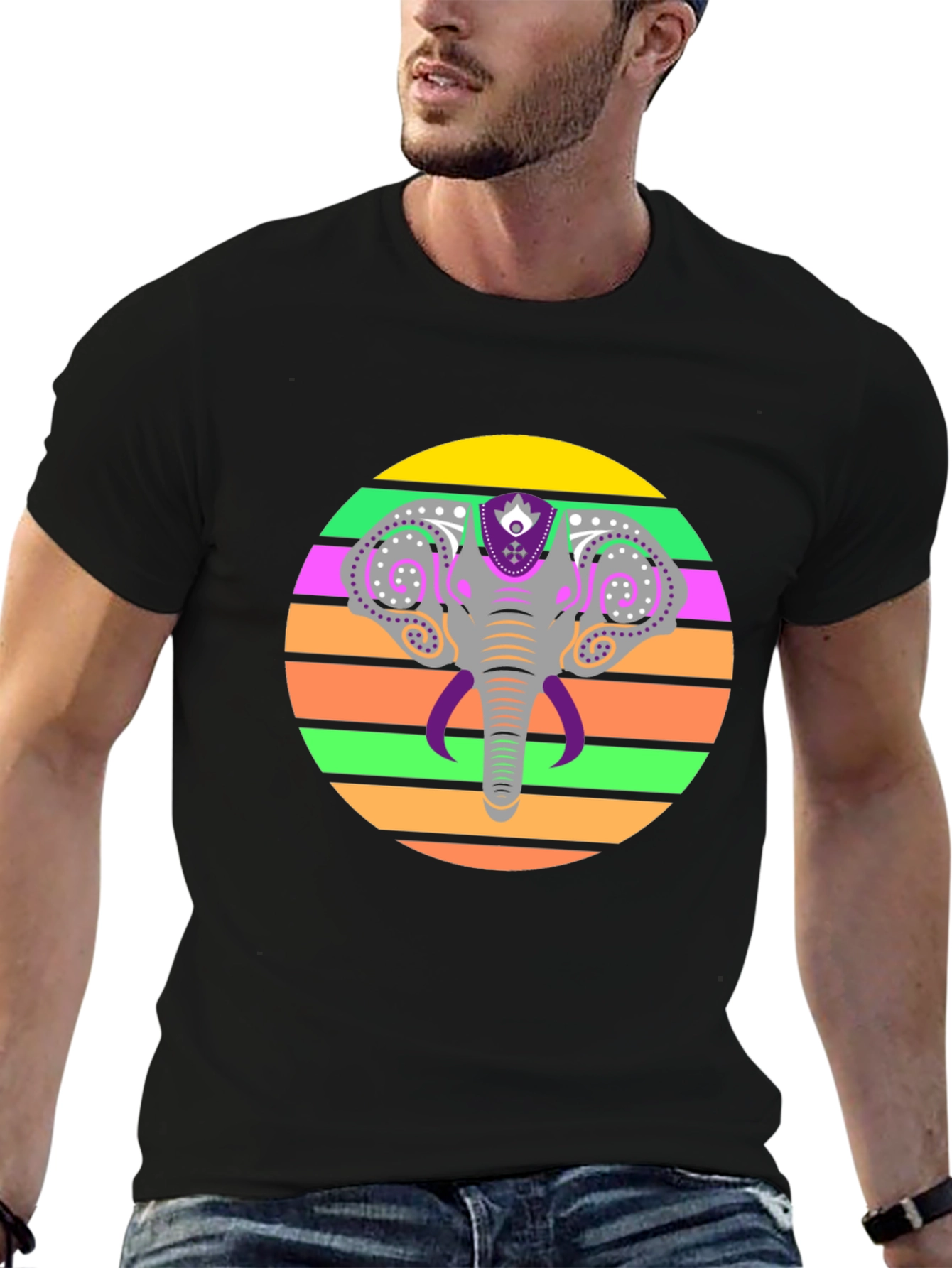 Elephant Sunset Graphic Tee - Stylish Mens Black T-Shirt