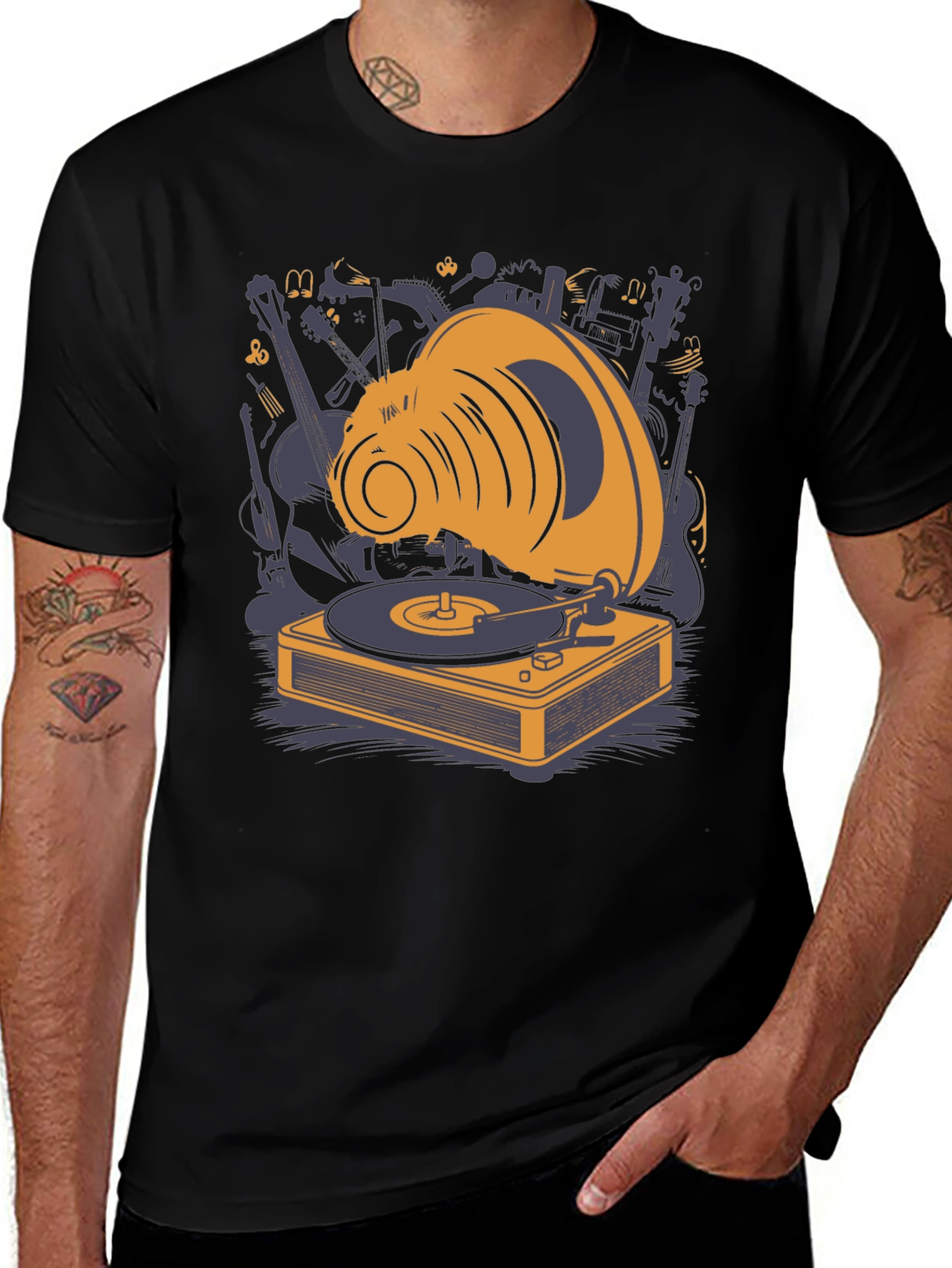 Retro Music Lover T-Shirt: Gramophone & Instruments Design