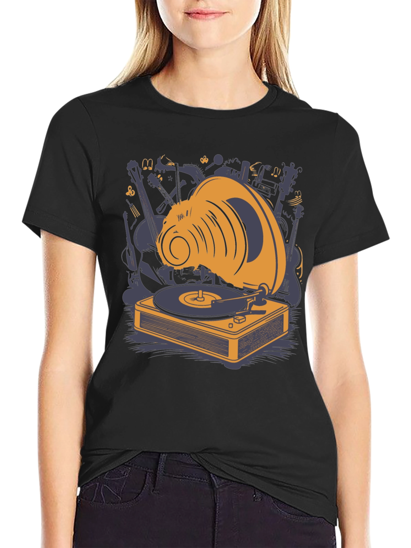 Retro Music Lover T-Shirt: Gramophone & Instruments Design