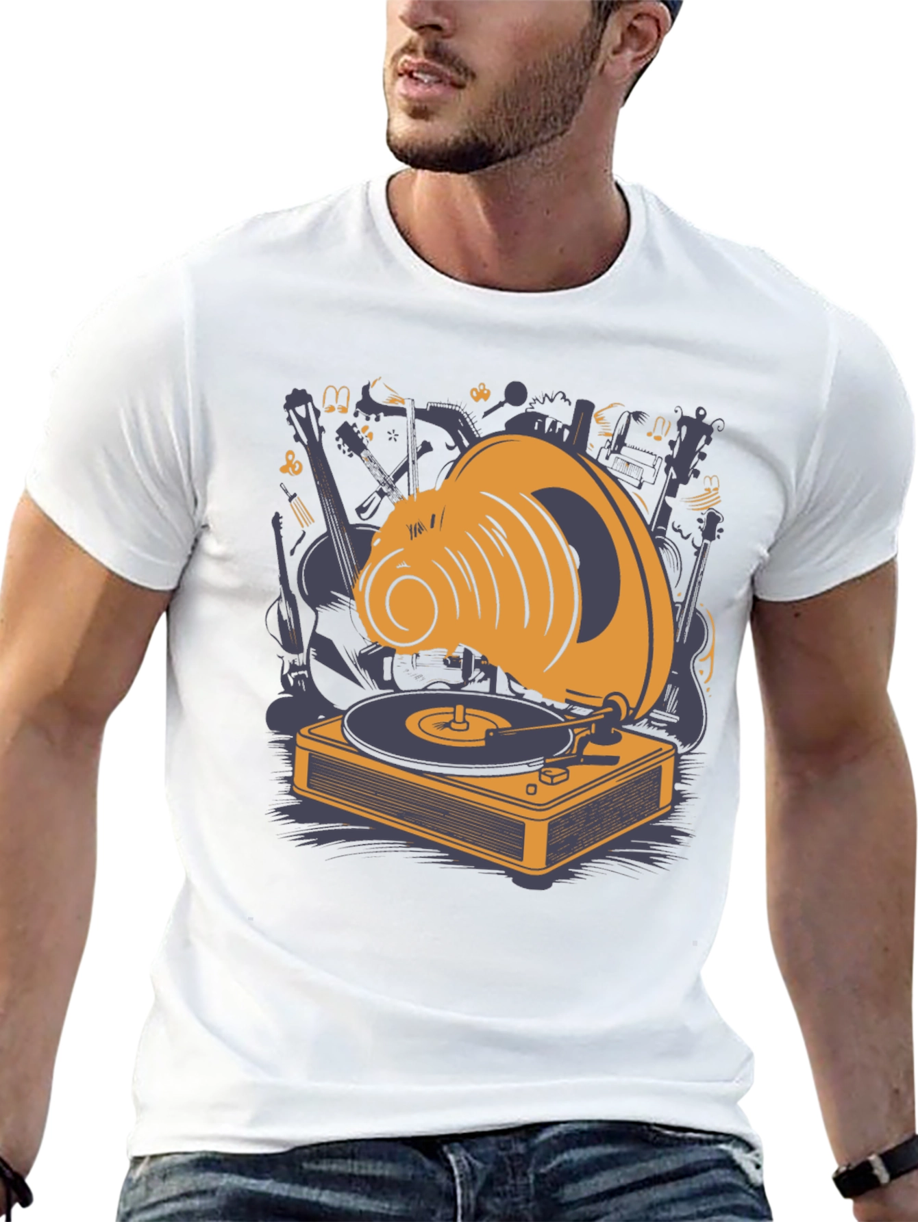 Retro Music Lover T-Shirt: Gramophone & Instruments Design