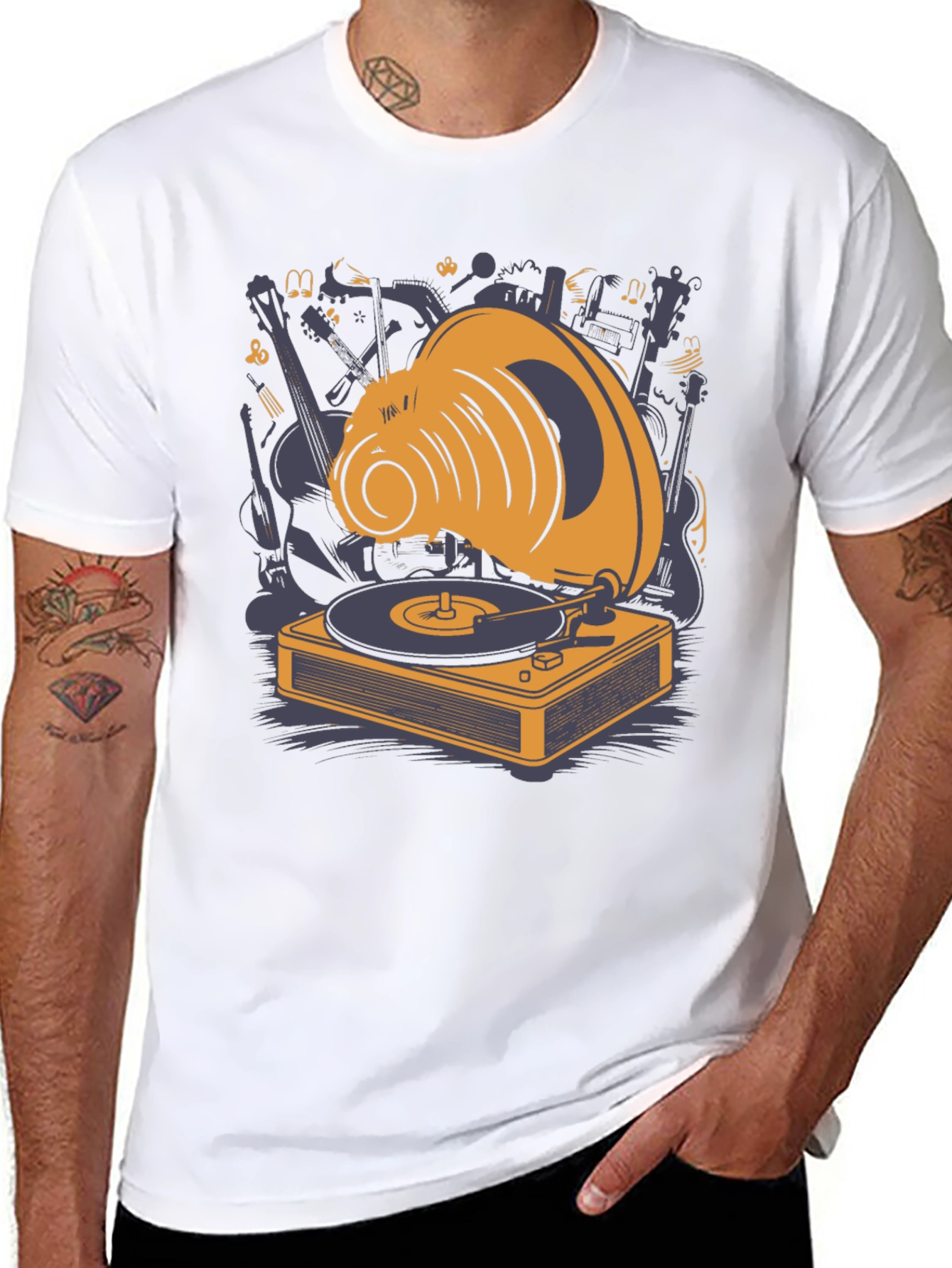 Retro Music Lover T-Shirt: Gramophone & Instruments Design