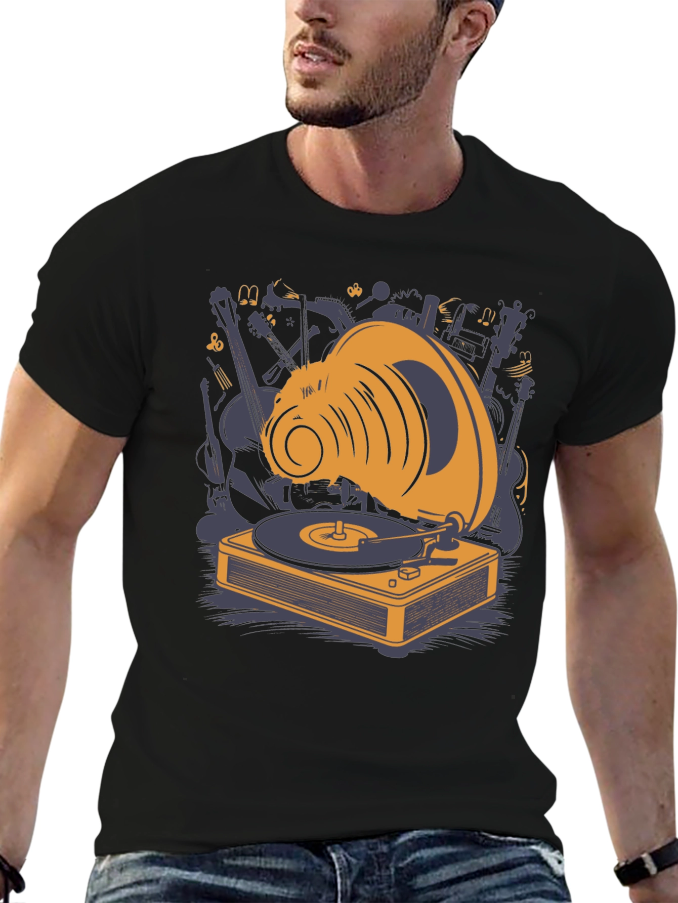Retro Music Lover T-Shirt: Gramophone & Instruments Design