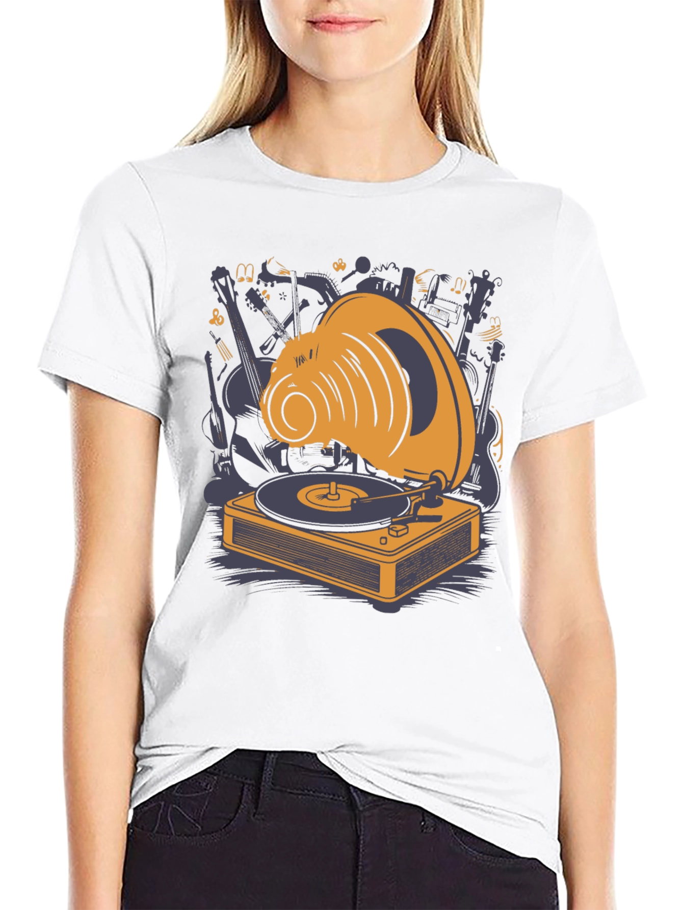 Retro Music Lover T-Shirt: Gramophone & Instruments Design
