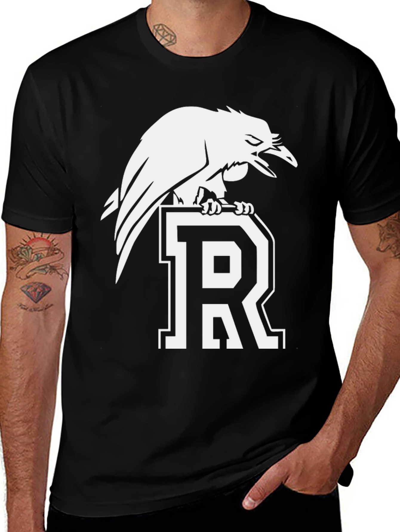 Raven Perched on Letter R Graphic Tee - Black