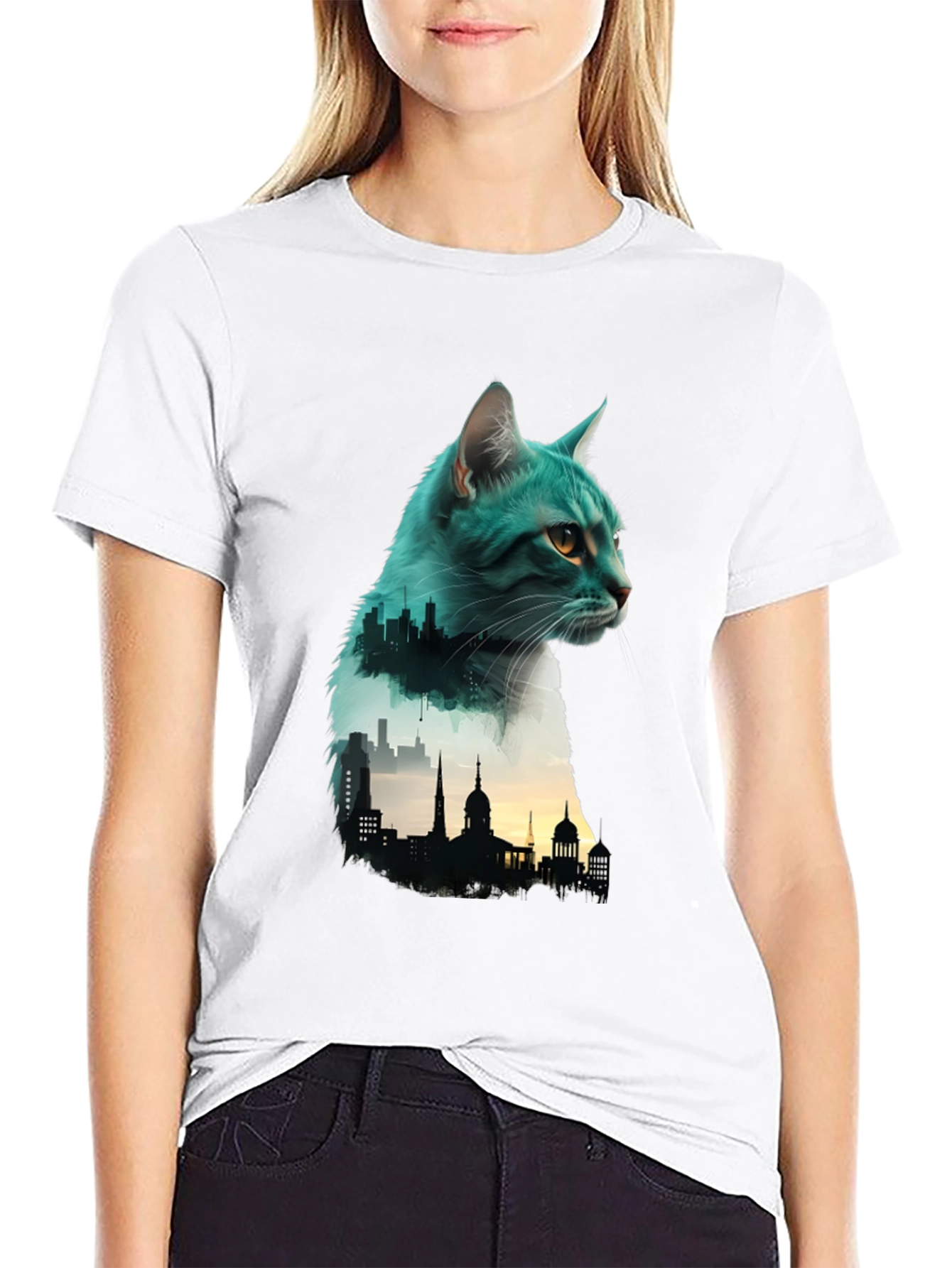 Cat Silhouette Cityscape Graphic Tee - Unique Design
