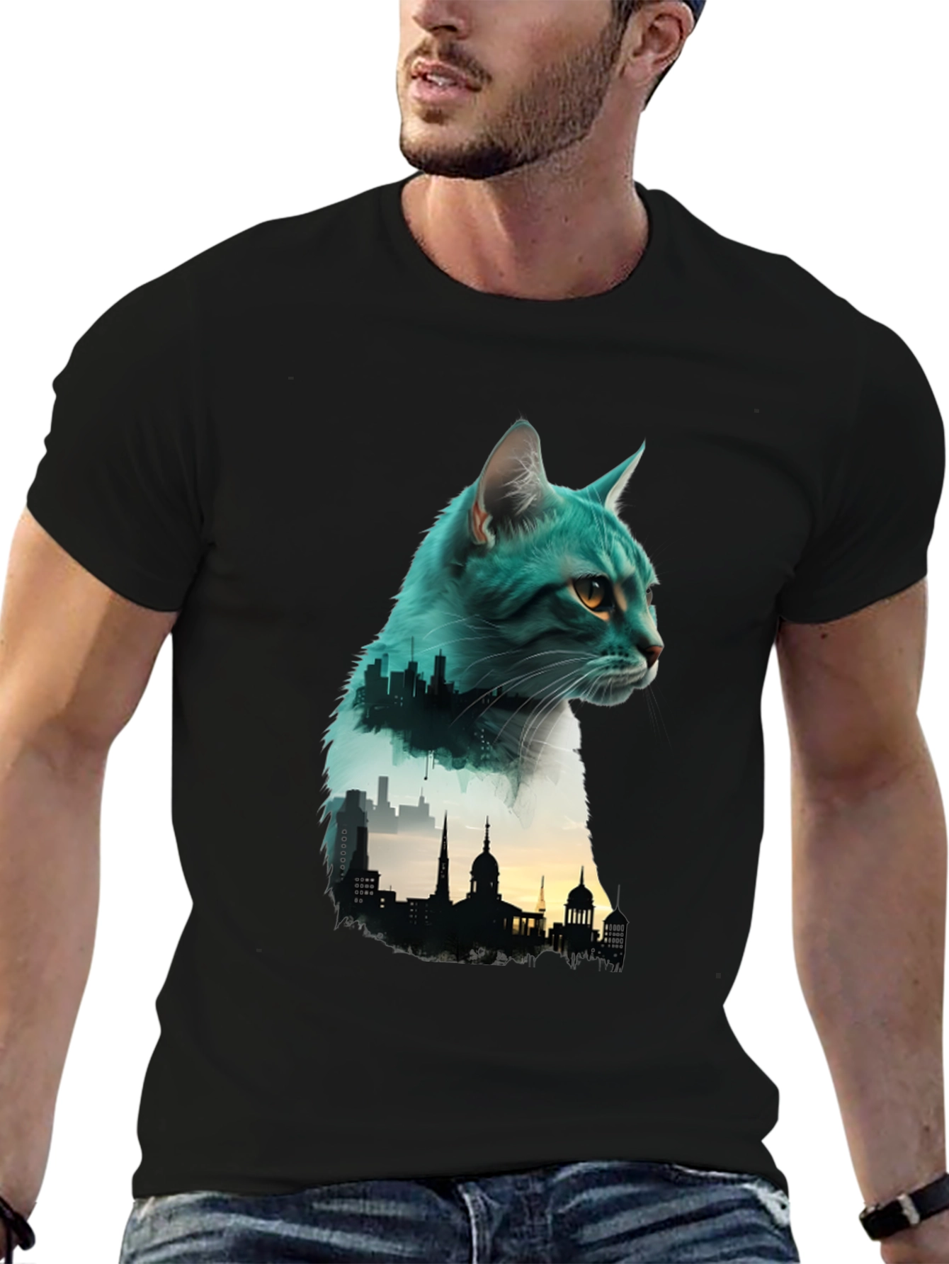 Cat Silhouette Cityscape Graphic Tee - Unique Design
