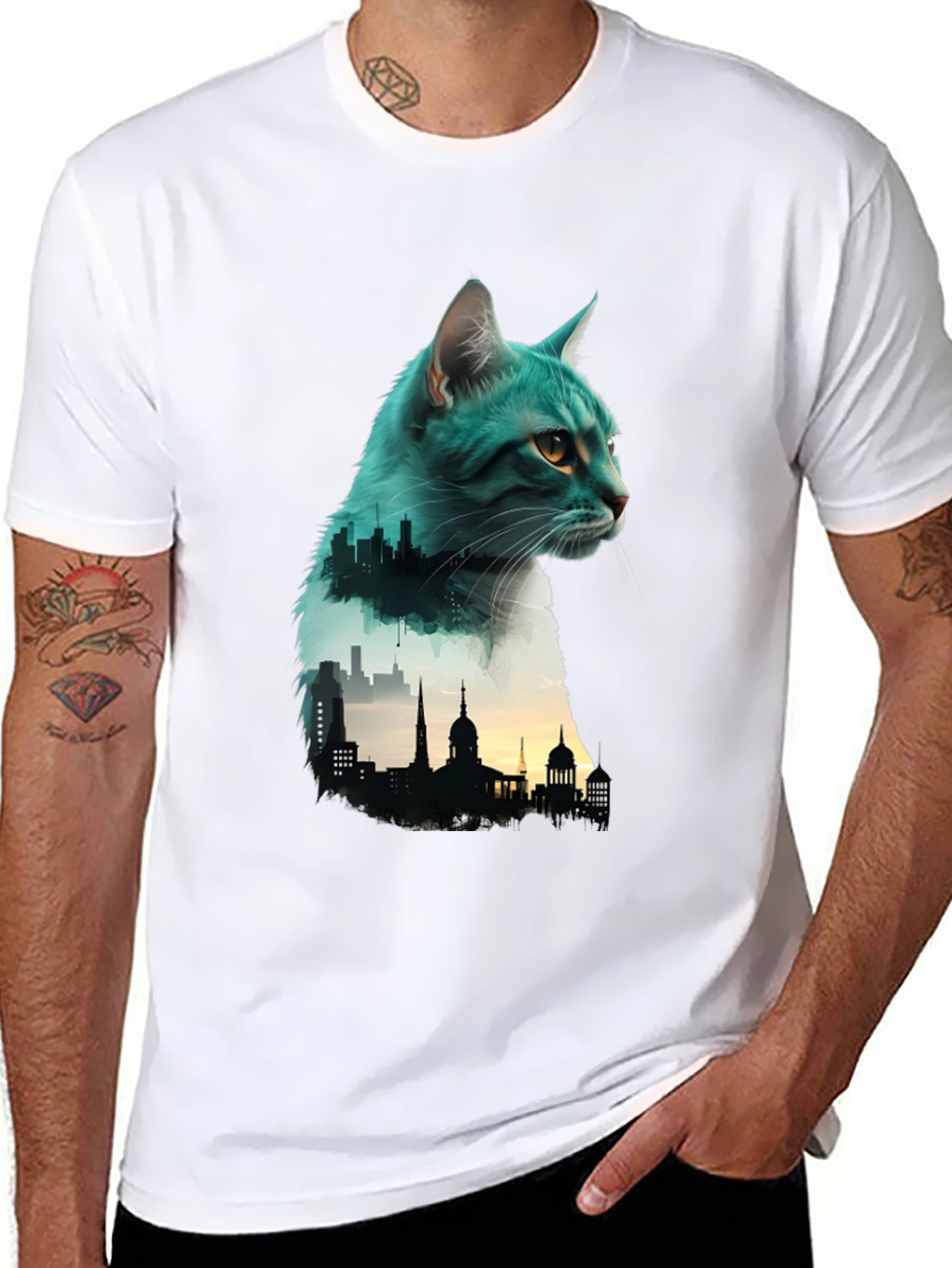 Cat Silhouette Cityscape Graphic Tee - Unique Design
