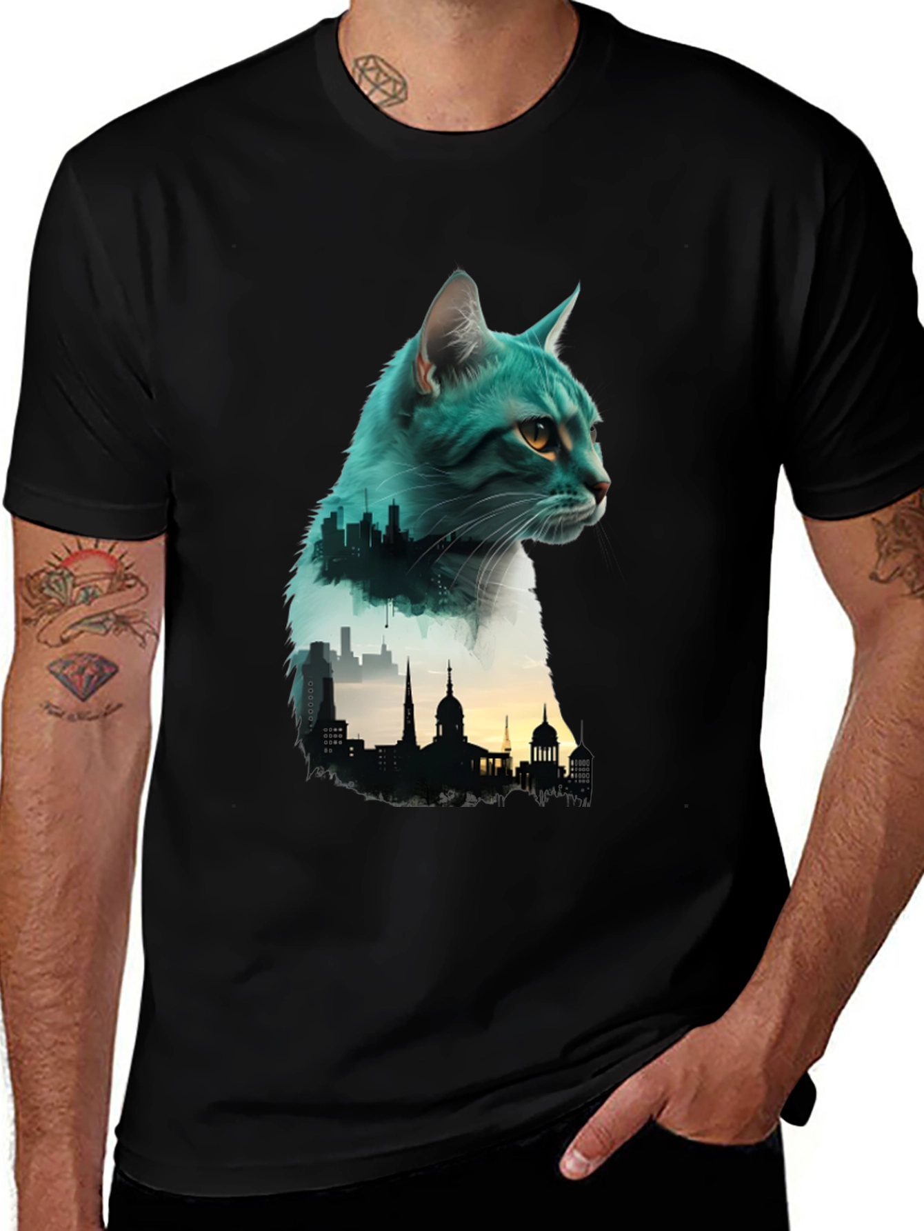 Cat Silhouette Cityscape Graphic Tee - Unique Design