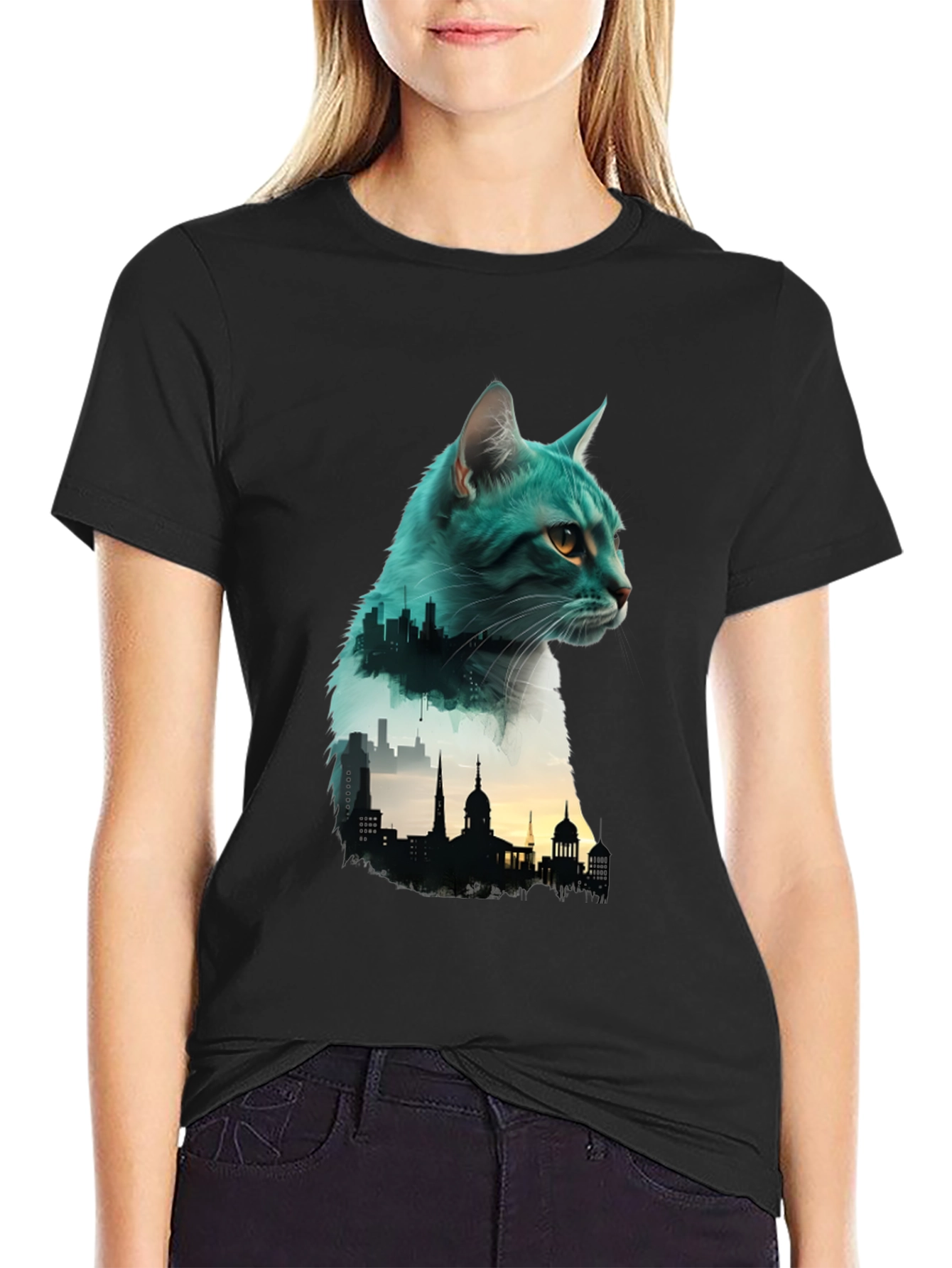 Cat Silhouette Cityscape Graphic Tee - Unique Design