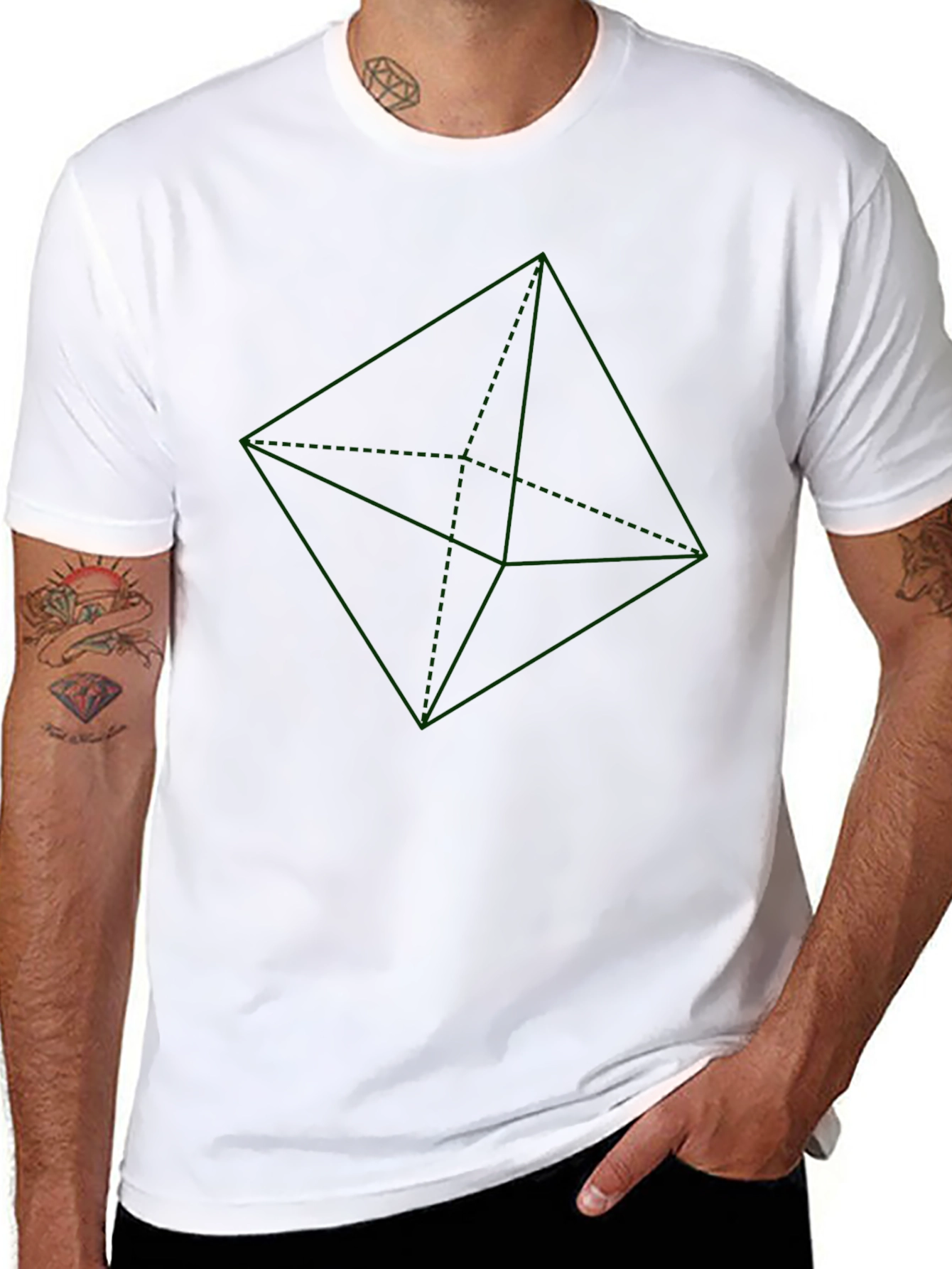 Geometric Green Design on Black T-Shirt