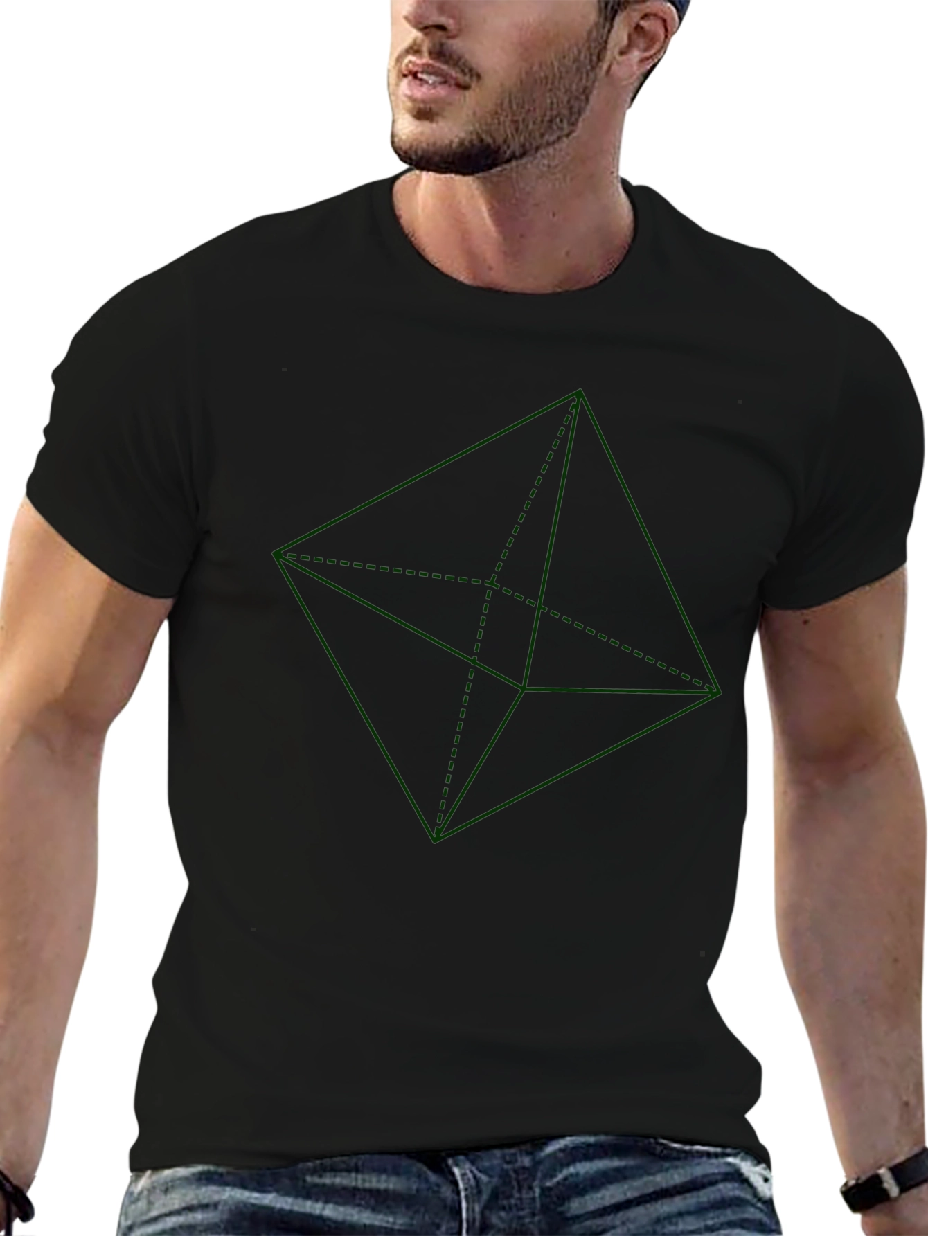 Geometric Green Design on Black T-Shirt