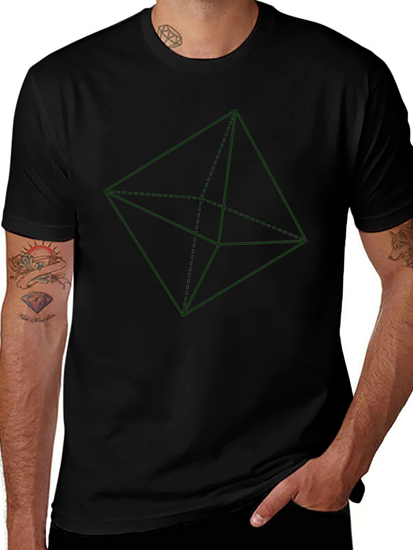 Geometric Green Design on Black T-Shirt