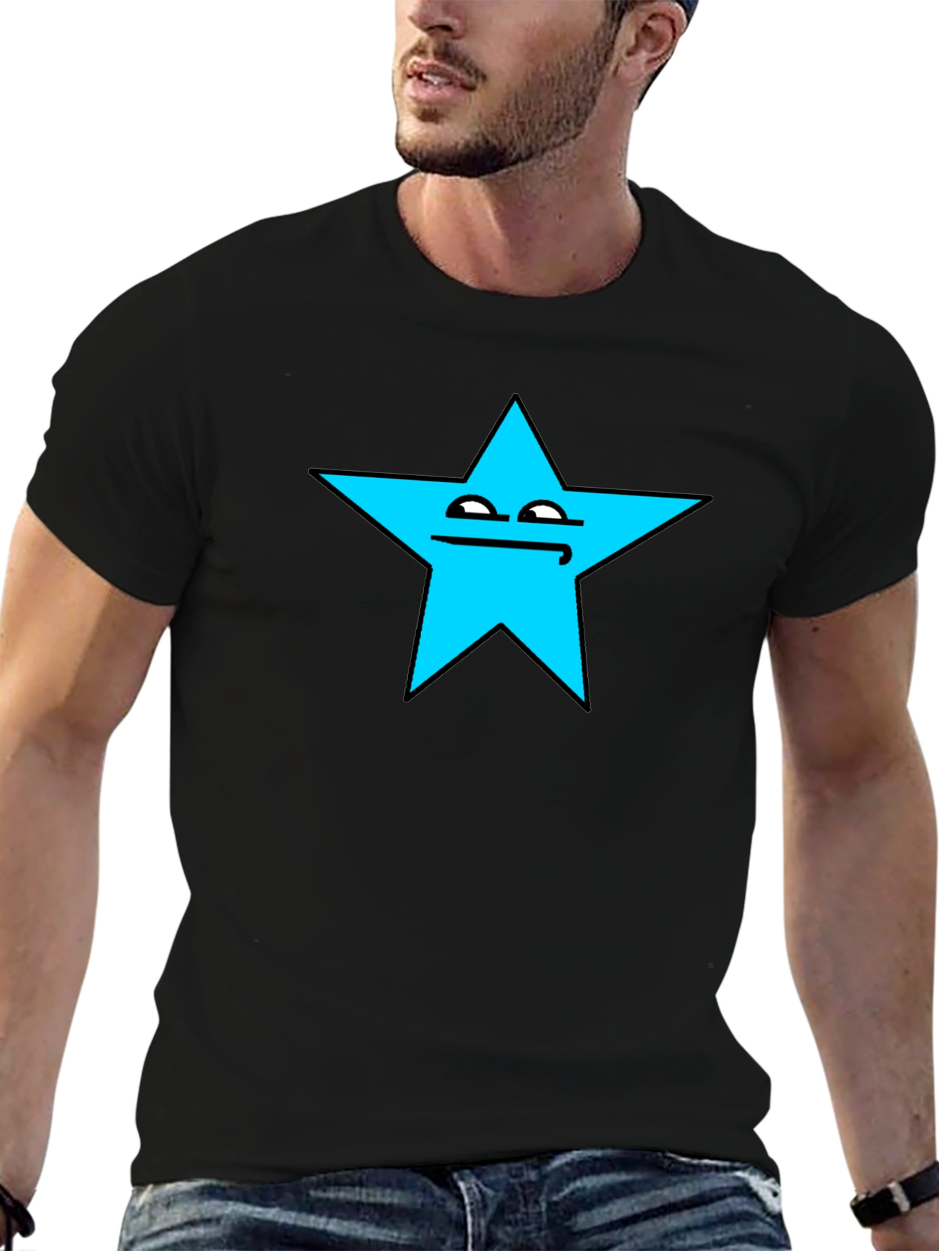 Funny Star Face Graphic T-Shirt - Black Cotton Tee