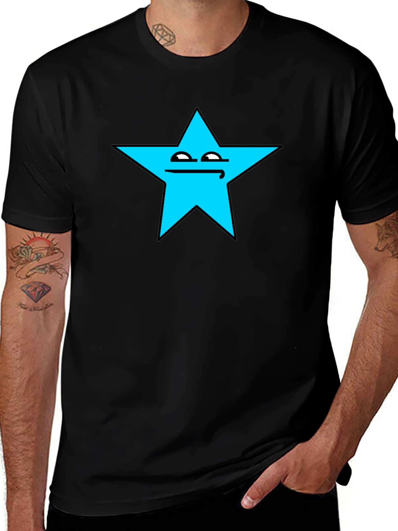 Funny Star Face Graphic T-Shirt - Black Cotton Tee