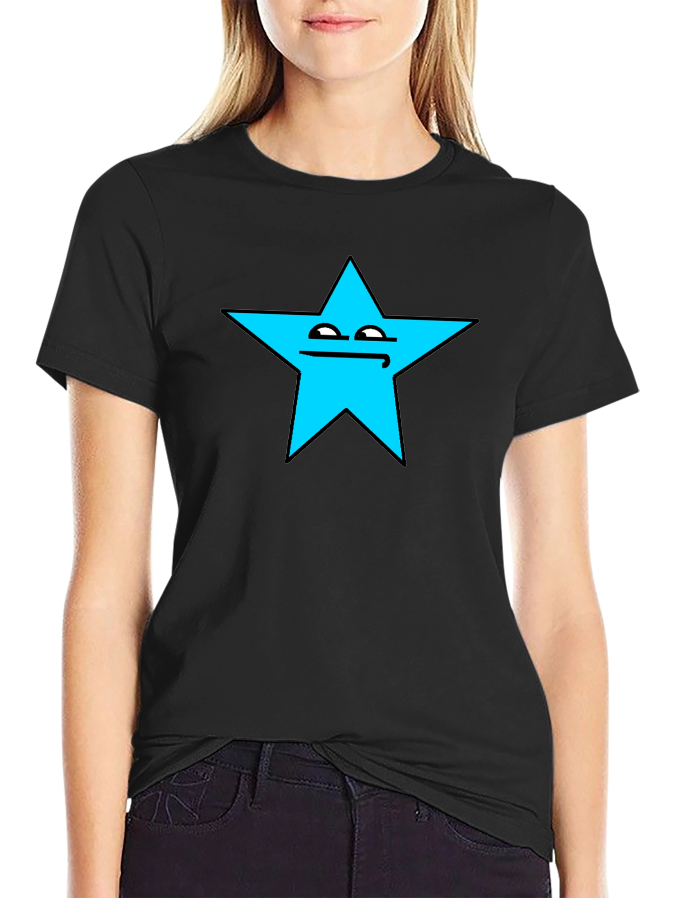 Funny Star Face Graphic T-Shirt - Black Cotton Tee