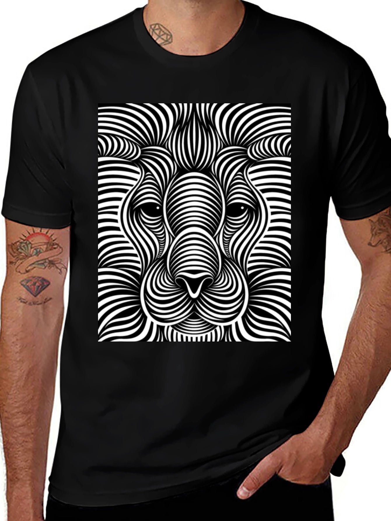 Optical Illusion Lion Black T-Shirt