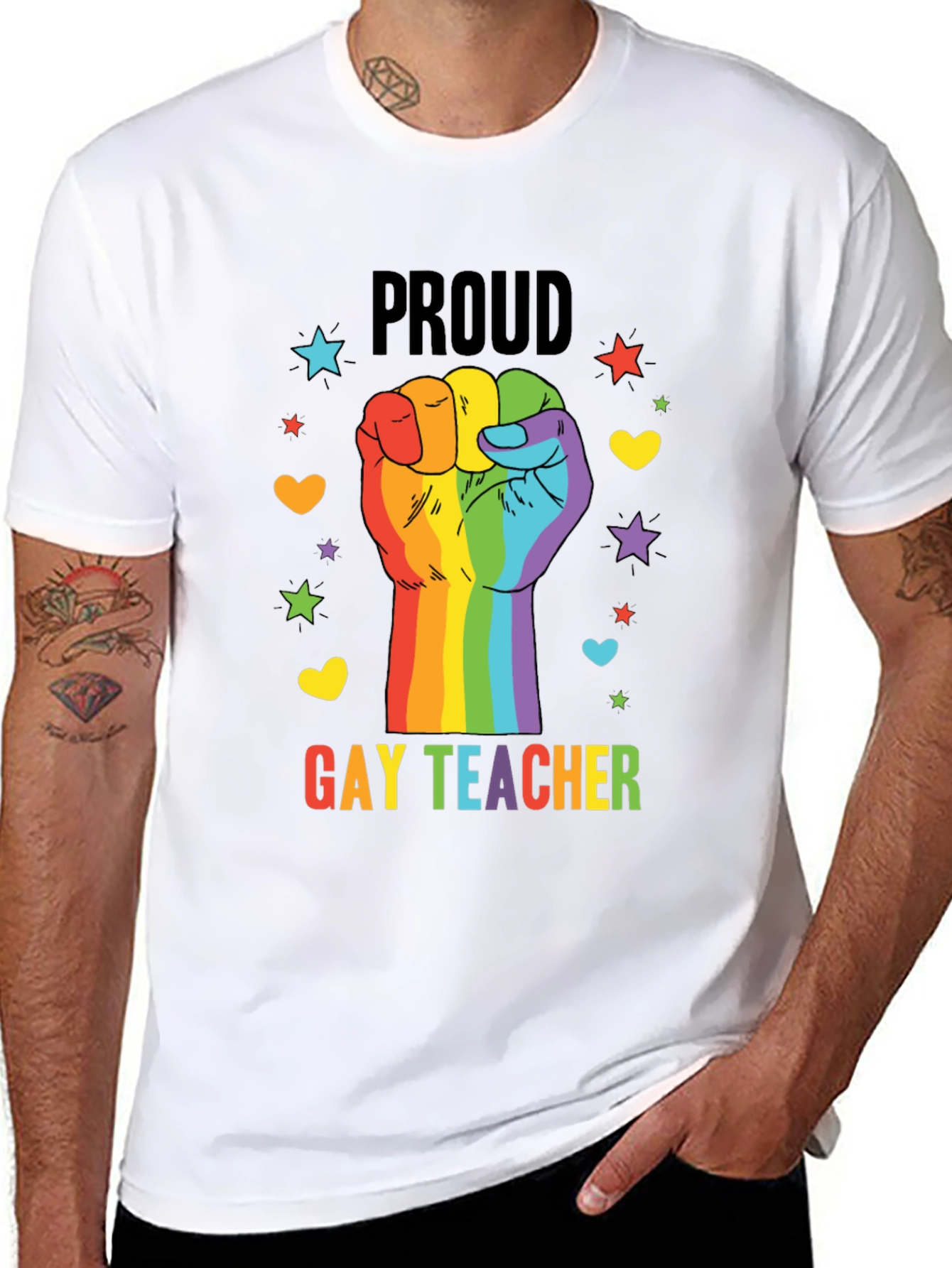 Proud Gay Teacher Rainbow Fist T-Shirt