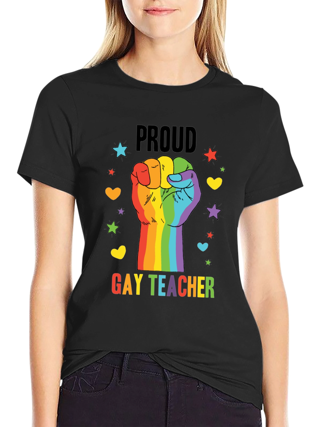Proud Gay Teacher Rainbow Fist T-Shirt