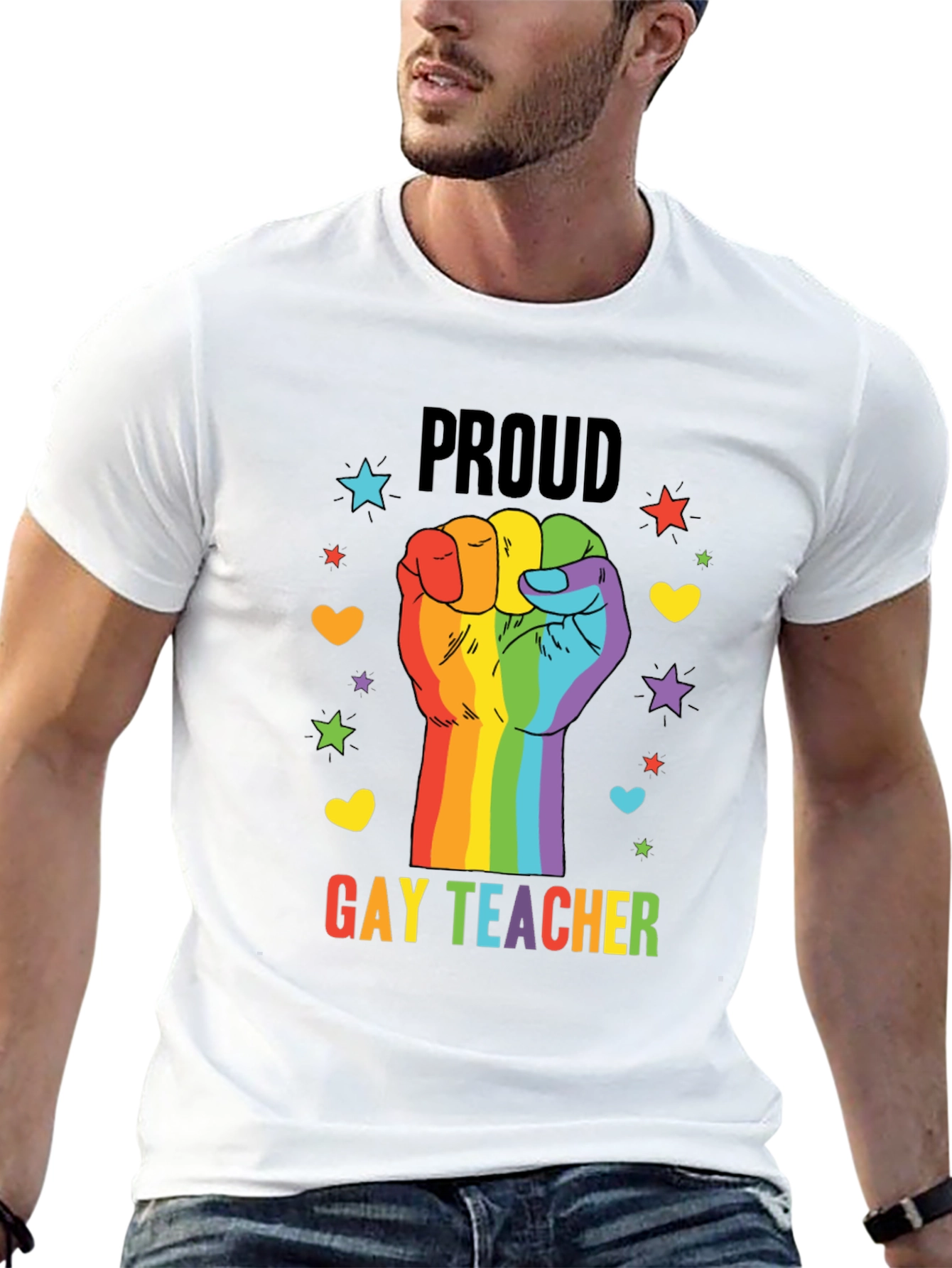 Proud Gay Teacher Rainbow Fist T-Shirt