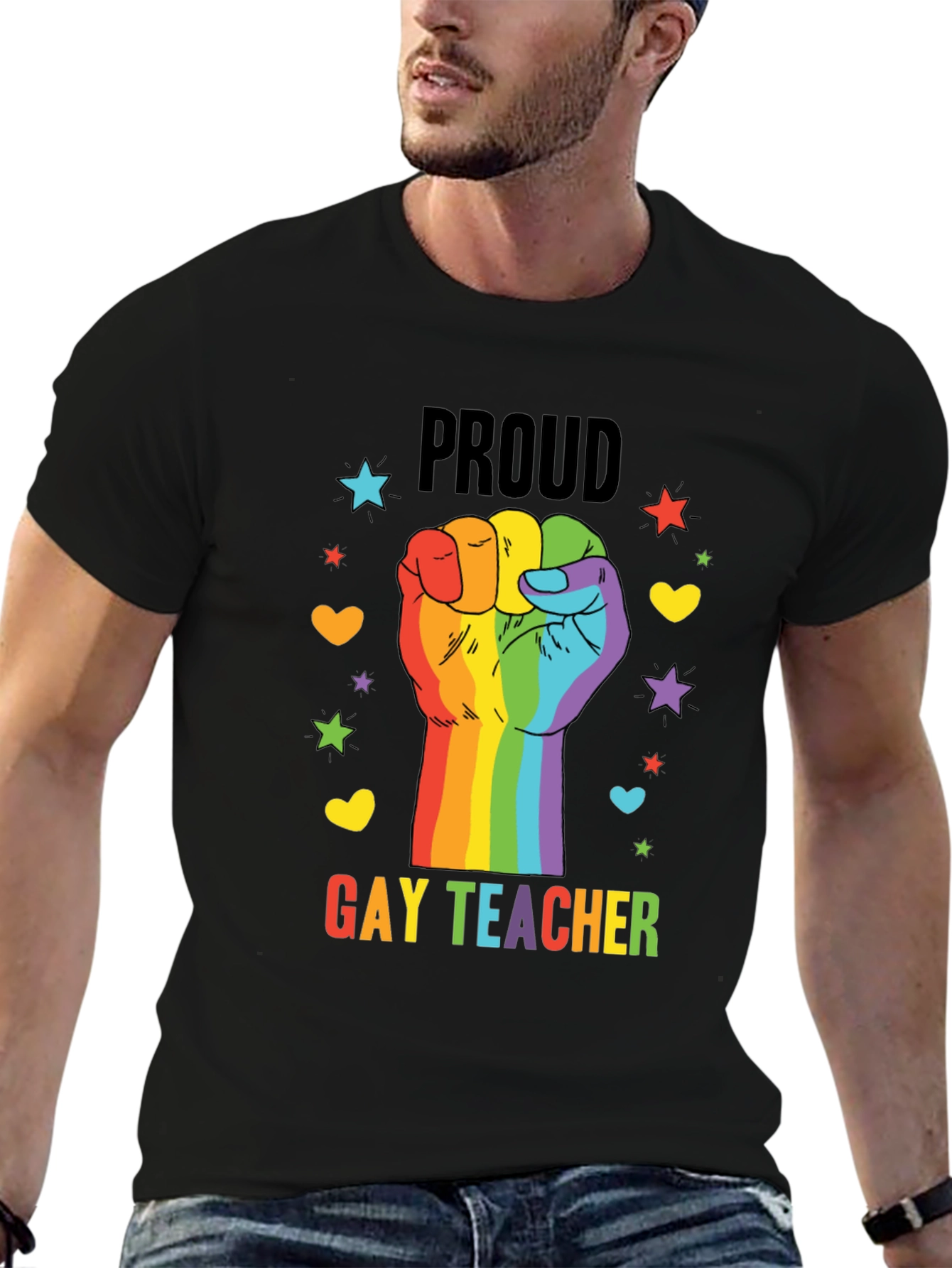 Proud Gay Teacher Rainbow Fist T-Shirt