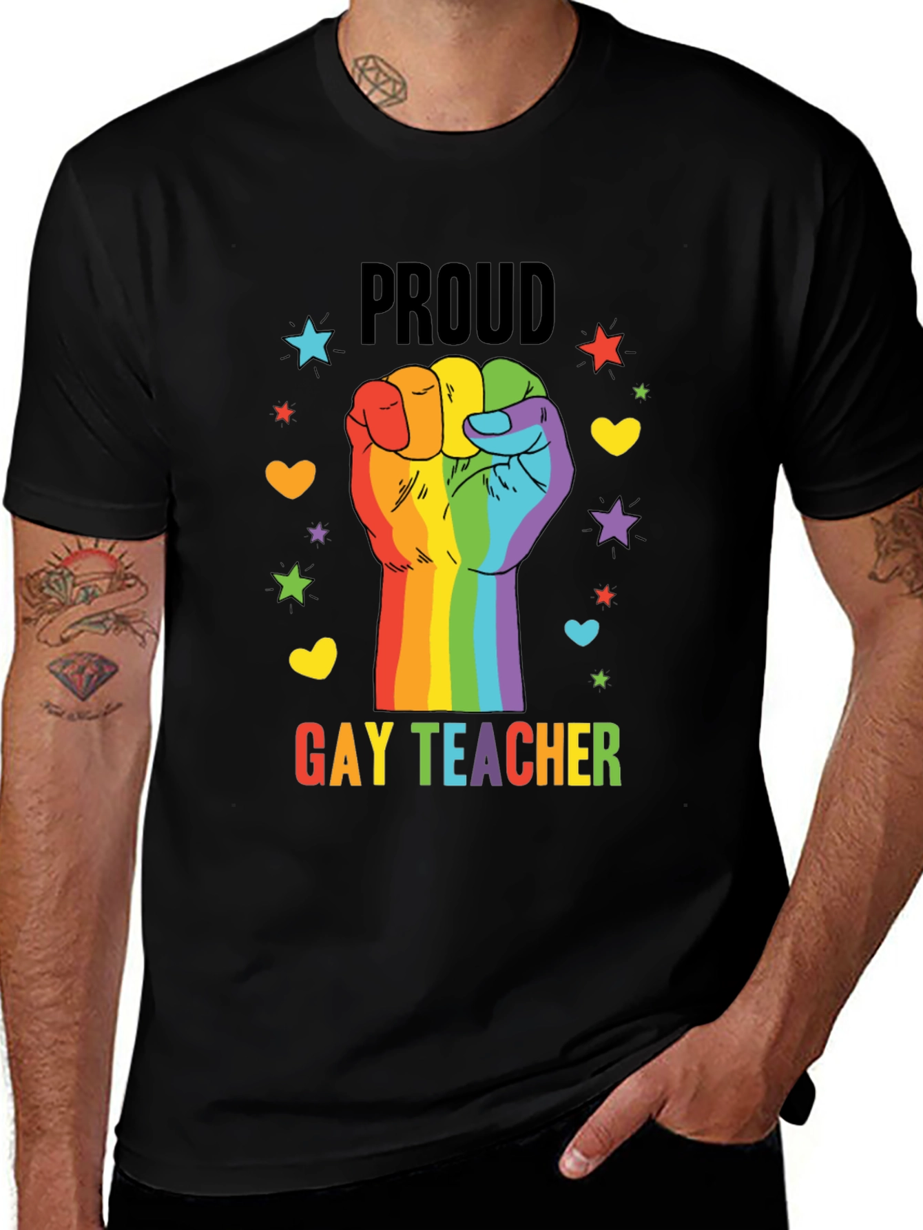 Proud Gay Teacher Rainbow Fist T-Shirt
