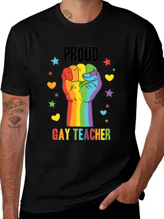 Proud Gay Teacher Rainbow Fist T-Shirt