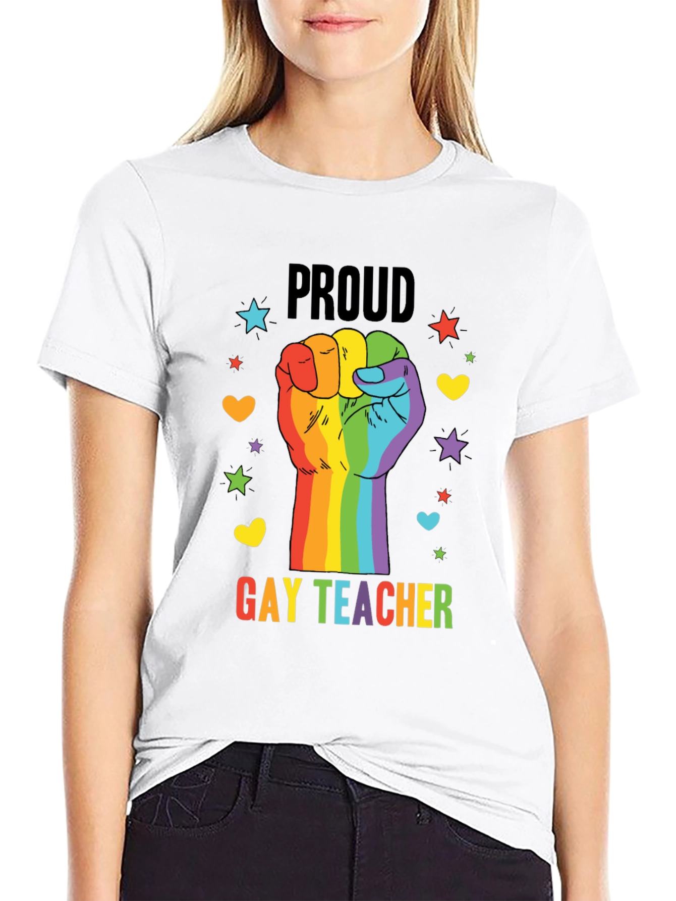 Proud Gay Teacher Rainbow Fist T-Shirt
