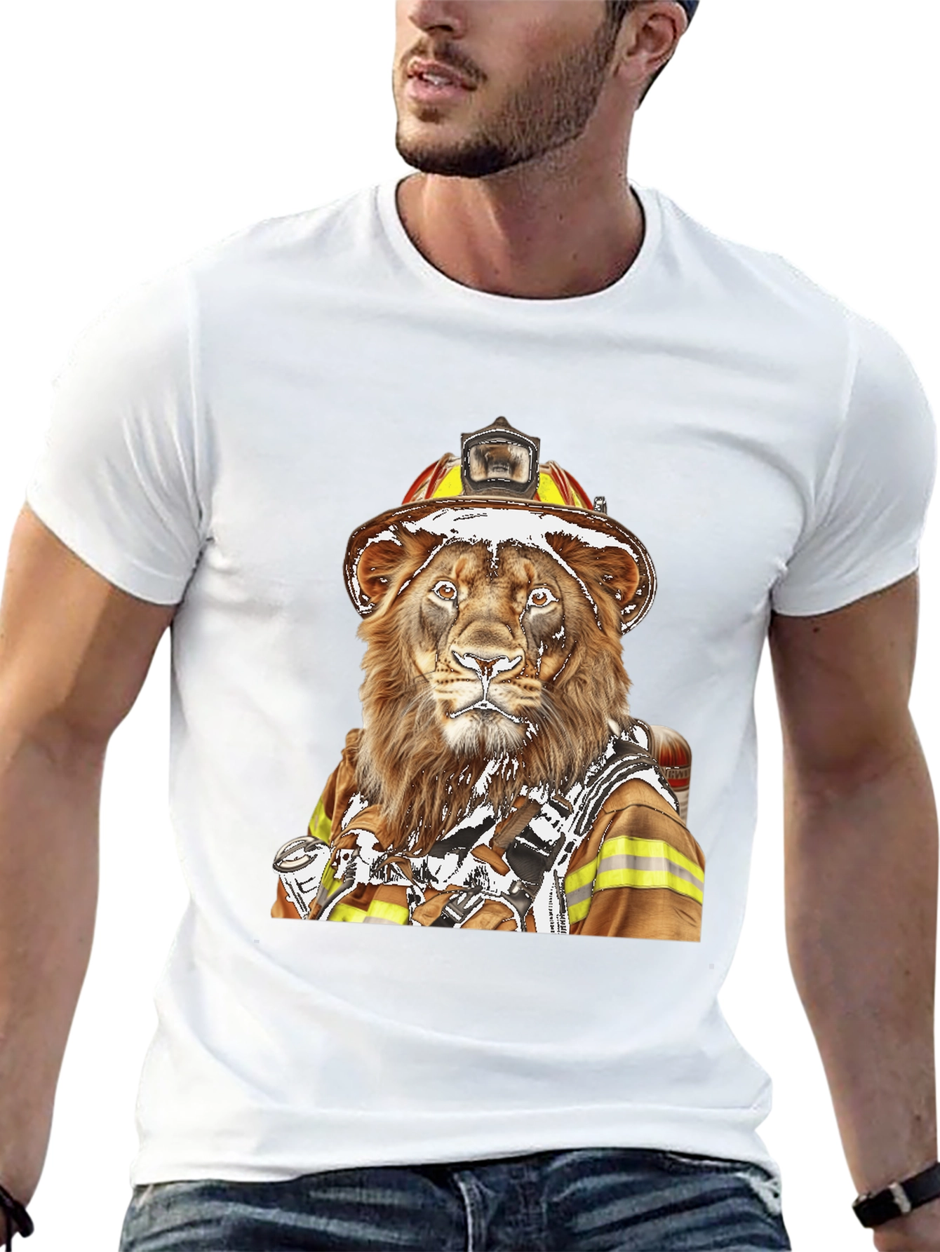 Lion Firefighter Graphic Tee - Unique Design!