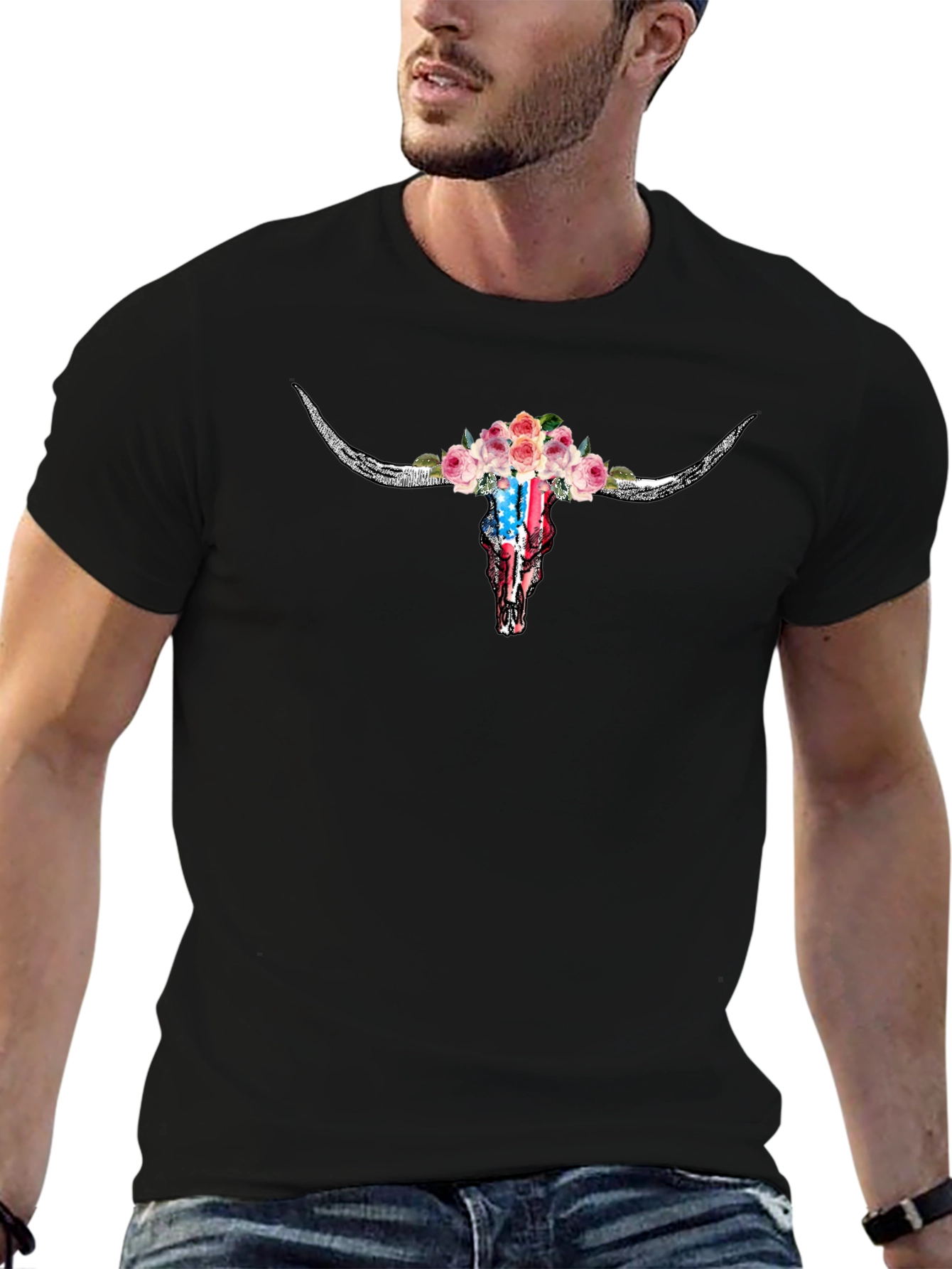 Floral Skull T-Shirt - American Flag Design