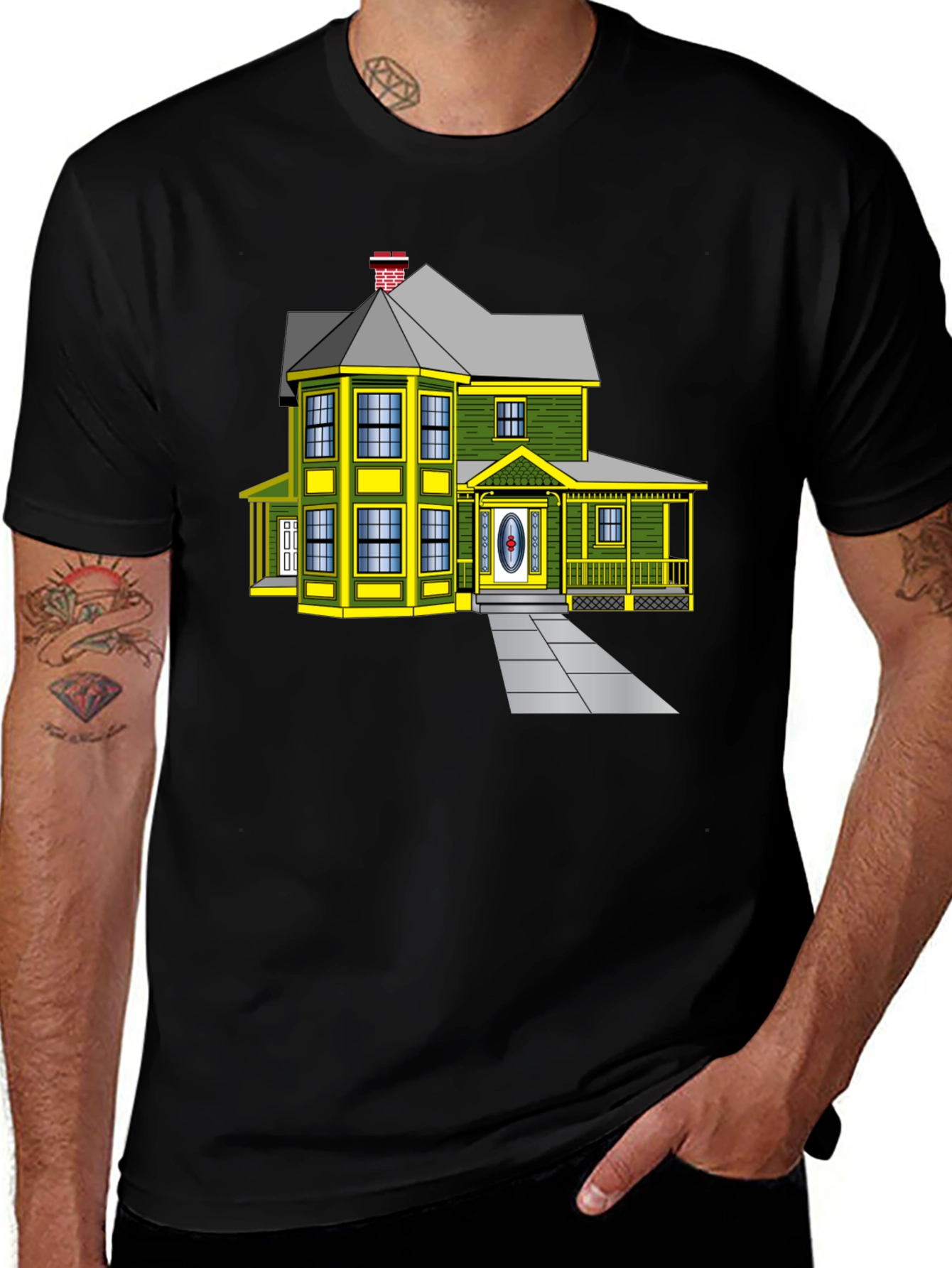 Cartoon House Graphic Tee | Novelty Design Shirt